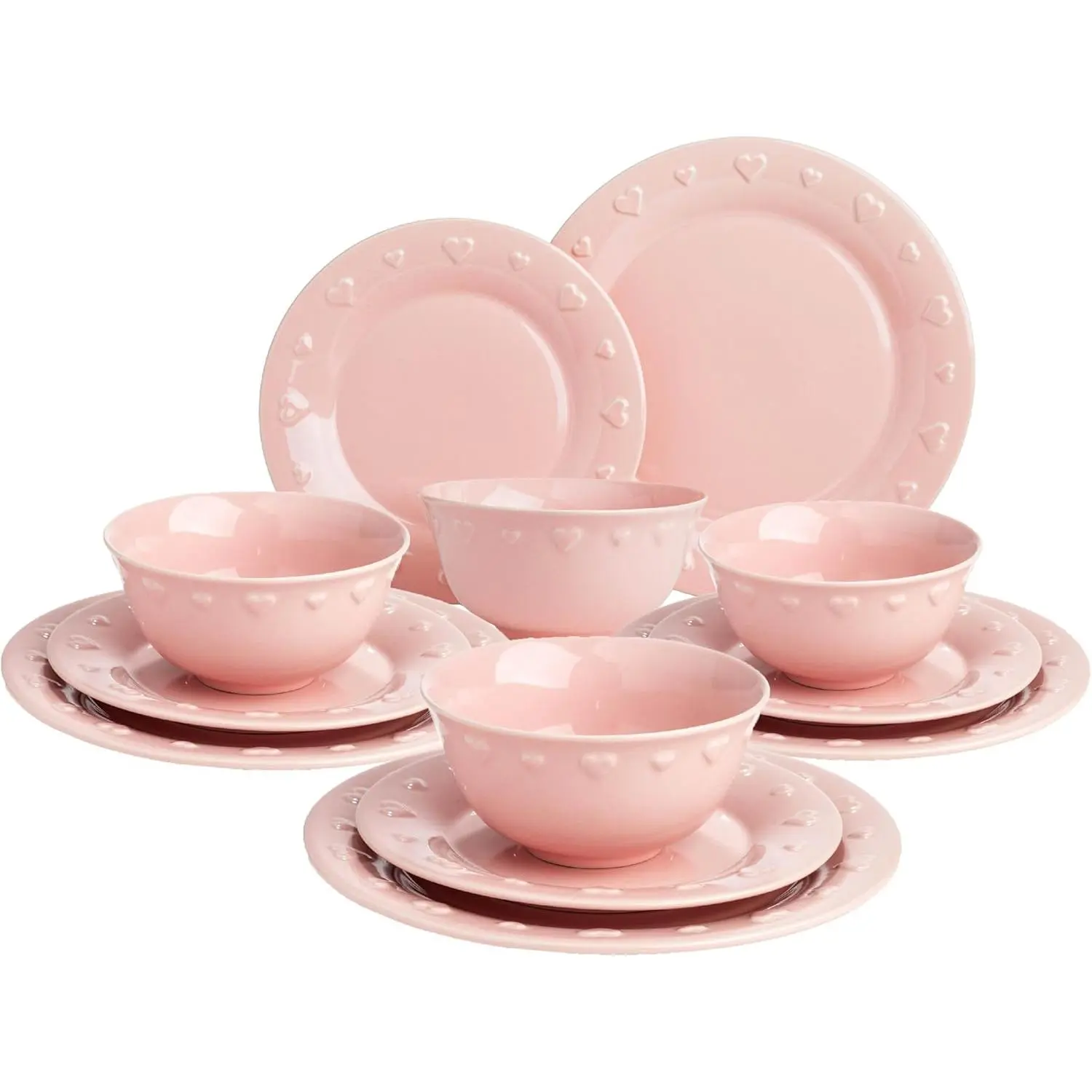 Girly Kitchenware 12-Piece Ceramic Stoneware Tableware Set for 4 - Embossed Hearts, Dinner Plates, Salad Plates, Bowls, BPA-Free, Microwave & Dishwasher Safe, Pink, Ideal for Hosting Everyday Meals