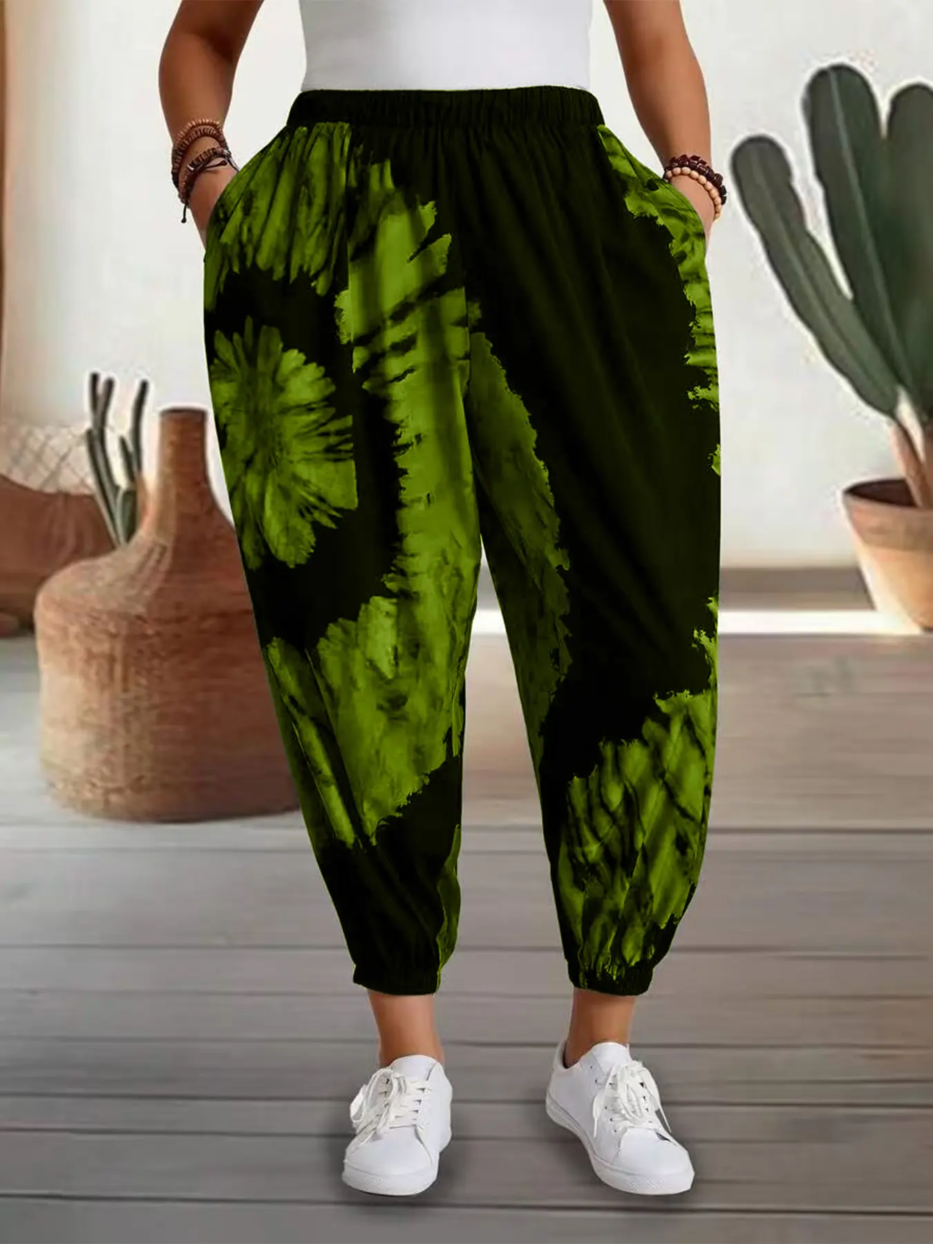 Boho Tie-Dye Harem Pants for Women, Plus-Size Fashion Loose-Fit Pocketed Cuffed Pants, Ladies' Casual Chic Summer Bottoms, Boho Elastic Pants
