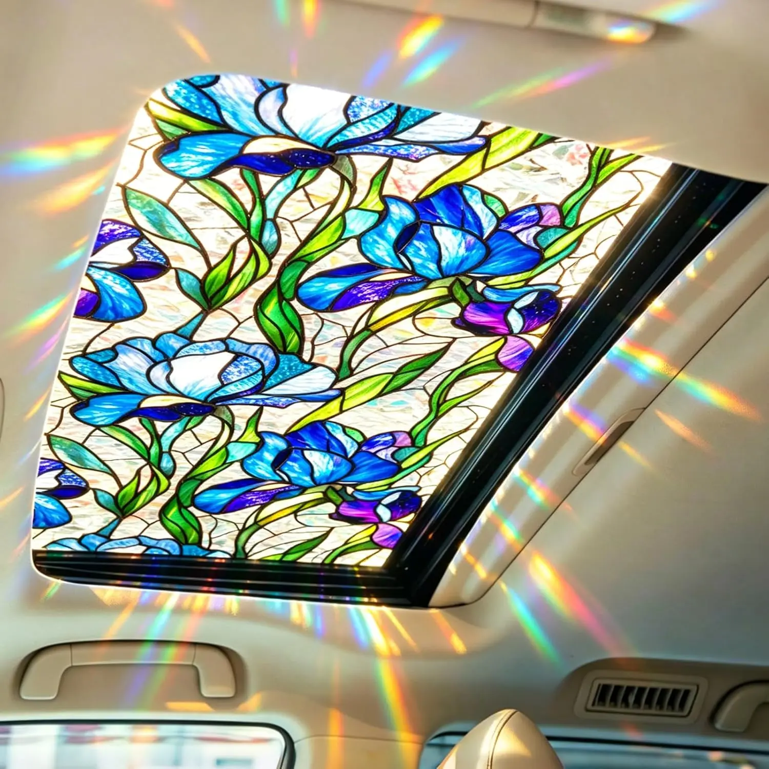 Automotive Static Cling Stained Glass Auto Window Film - Blue Magnolia Artwork Decoration, Removable Vinyl for Car Moonroof with Glare Reduction & Light Control, 17x39 in Design, Default