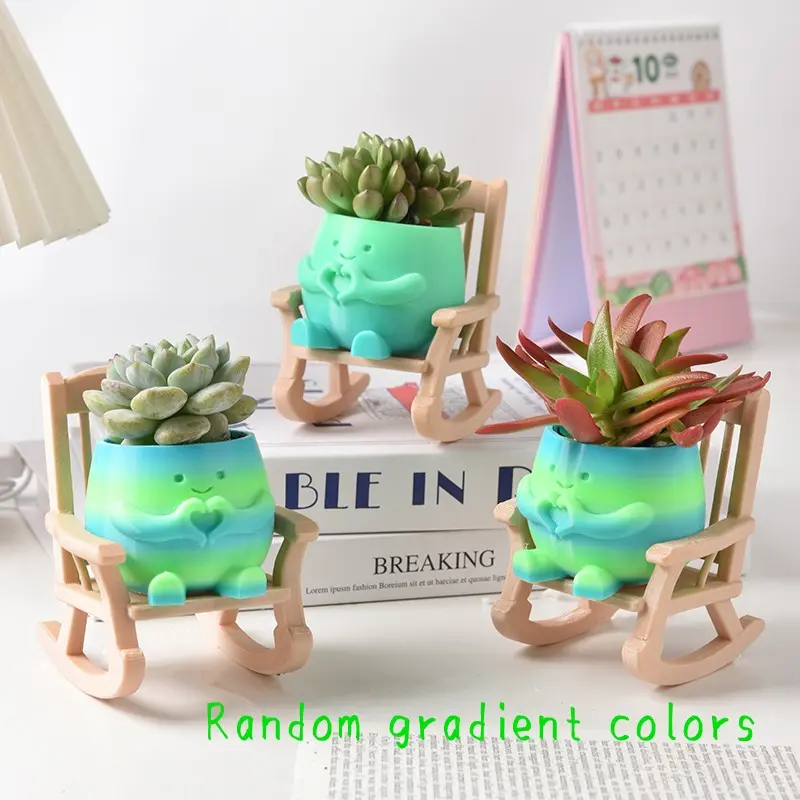 Cute Character Rocking Chair Planter, Random Color Plastic Plant Pot, Indoor Outdoor Garden Decor, DIY Home Decoration Gift