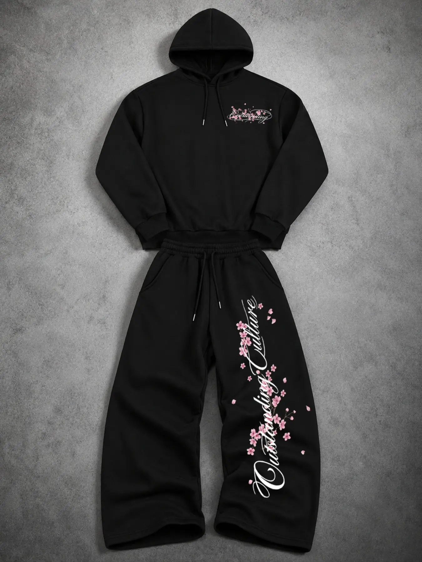 Men 2 Piece Tracksuit Black Cropped Hoodie Wide Leg Baggy Sweatpants Set Sakura Cherry Blossom Floral Cursive Script Print Lightweight Soft Fabric Dark Grunge Hip Hop Streetwear Outfit Breathable Stretch Elastic Drawstring Loungewear For School Jogging Da