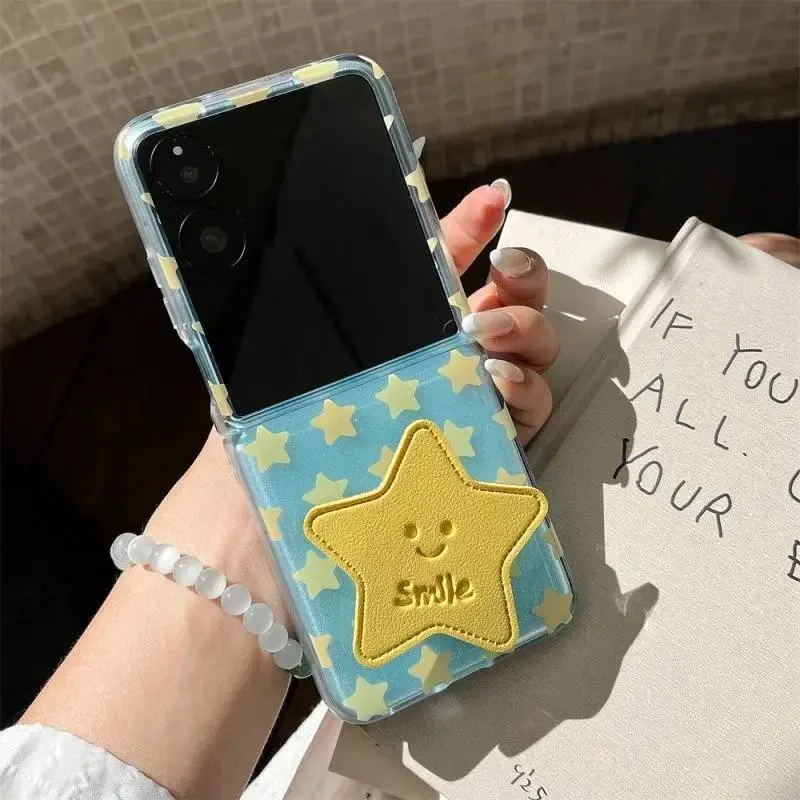 Cute Glitter Star Smile Stand Phone Case For Samsung Galaxy Z Flip7 ZFlip6 ZFlip5 ZFlip4 / Xiaomi Mix flip Protective Cover