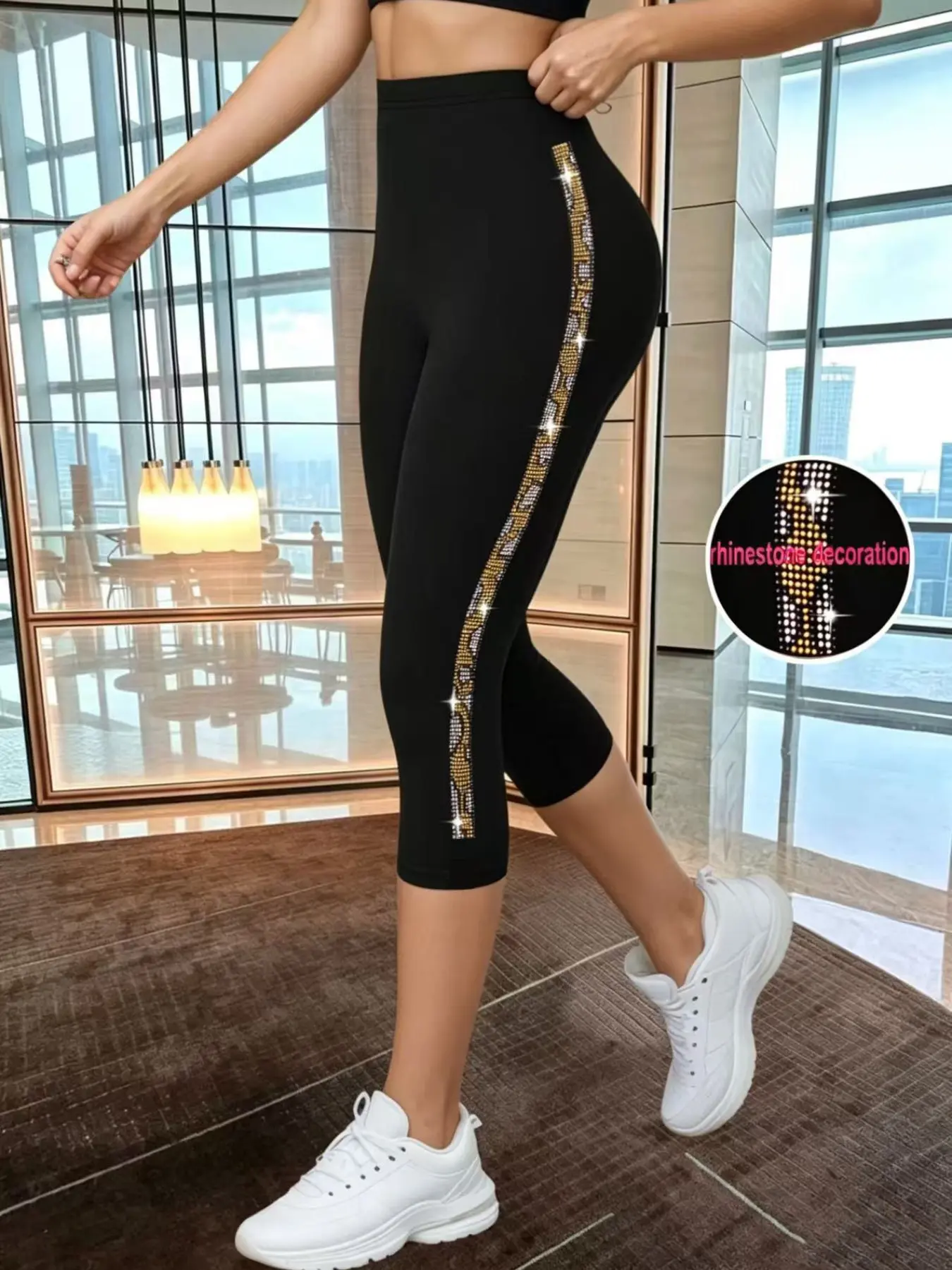 New Bestseller Patchwork Rhinestone Elastic Tight Seven-Quarter Pants Leggings, Festival Party, Outerwear, Versatile Soft Breathable Elegant Underwear