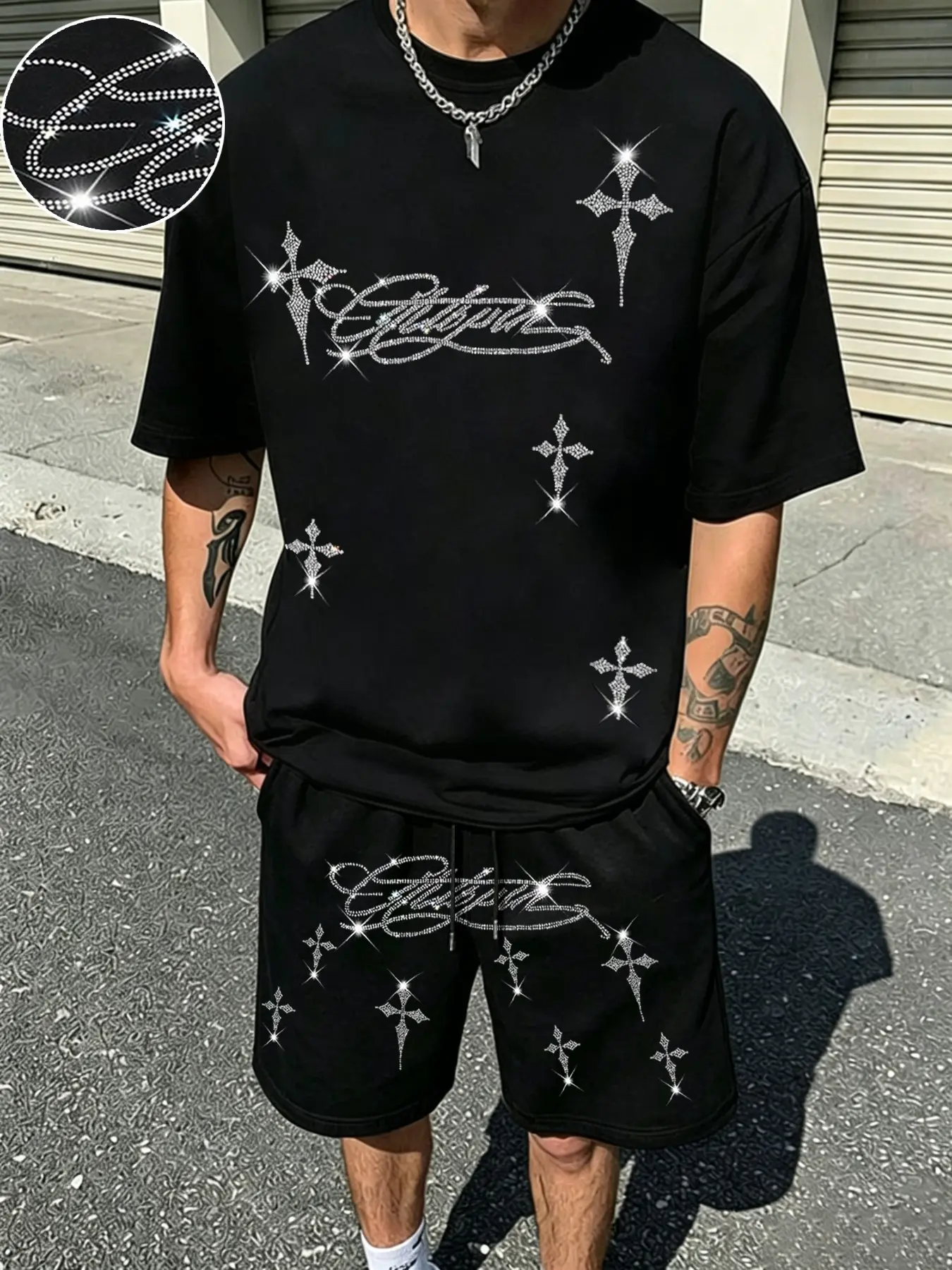 Summer Men's Trendy Two-Piece Set (t-Shirt + Shorts), Letter Cross Rhinestone Decoration, Casual Daily/party Wear, Perfect for Fashion Lovers!