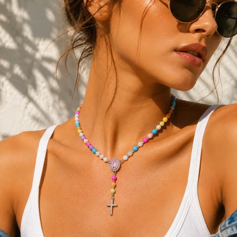 Color-Changing Dopamine Cross Necklace for Women, Reactive Rainbow Beaded Necklace, Transparent White Beads Turn Vibrant Colors in Sunlight, Adjustable 45+1.97inch Festival Vacation Layering Necklace, Cute Summer Aesthetic Faith Jewelry Gift
