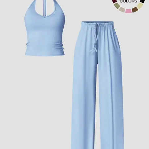 Women's Solid Crop Tank Top & Wide Leg Pants Set, Casual V Neck Sleeveless Top & Trousers for Daily Outdoor Wear, Ladies Sportswear for All Seasons, Sports Yoga Set, Activewear Set, Active Sets