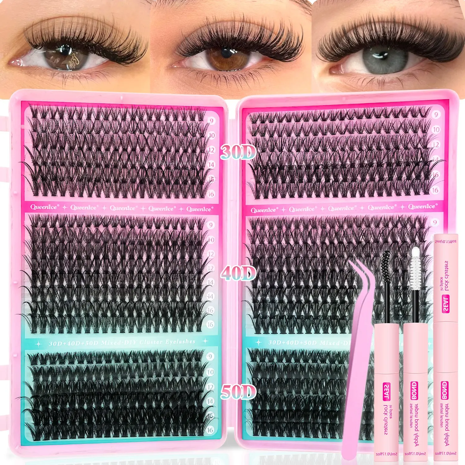 30D40D50D DIY False Eyelash Extension Kit 800pcs Individual Volume Lashes Clusters D Curl 9-16mm Mixed Length Lash Clusters with Bond and Seal, Tweezers for Beginners DIY at Home, Women Cosmetics