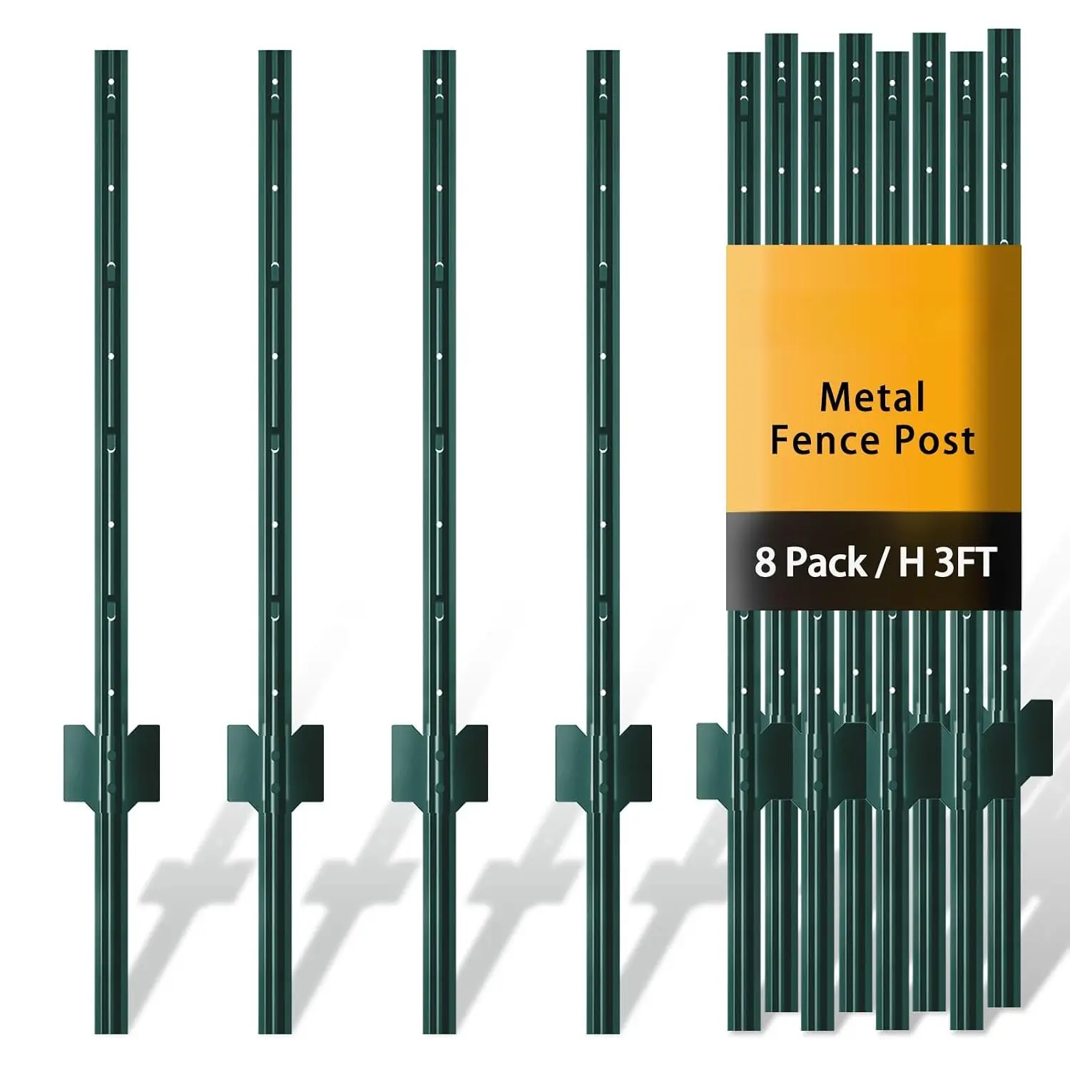 Metal Fence  3  Green, Pack of 8, T Posts for Wire Fence, No Dig Steel U Posts Fencing for Lawn Garden Wire Mesh Fence Poles Sign Outdoor Light Duty