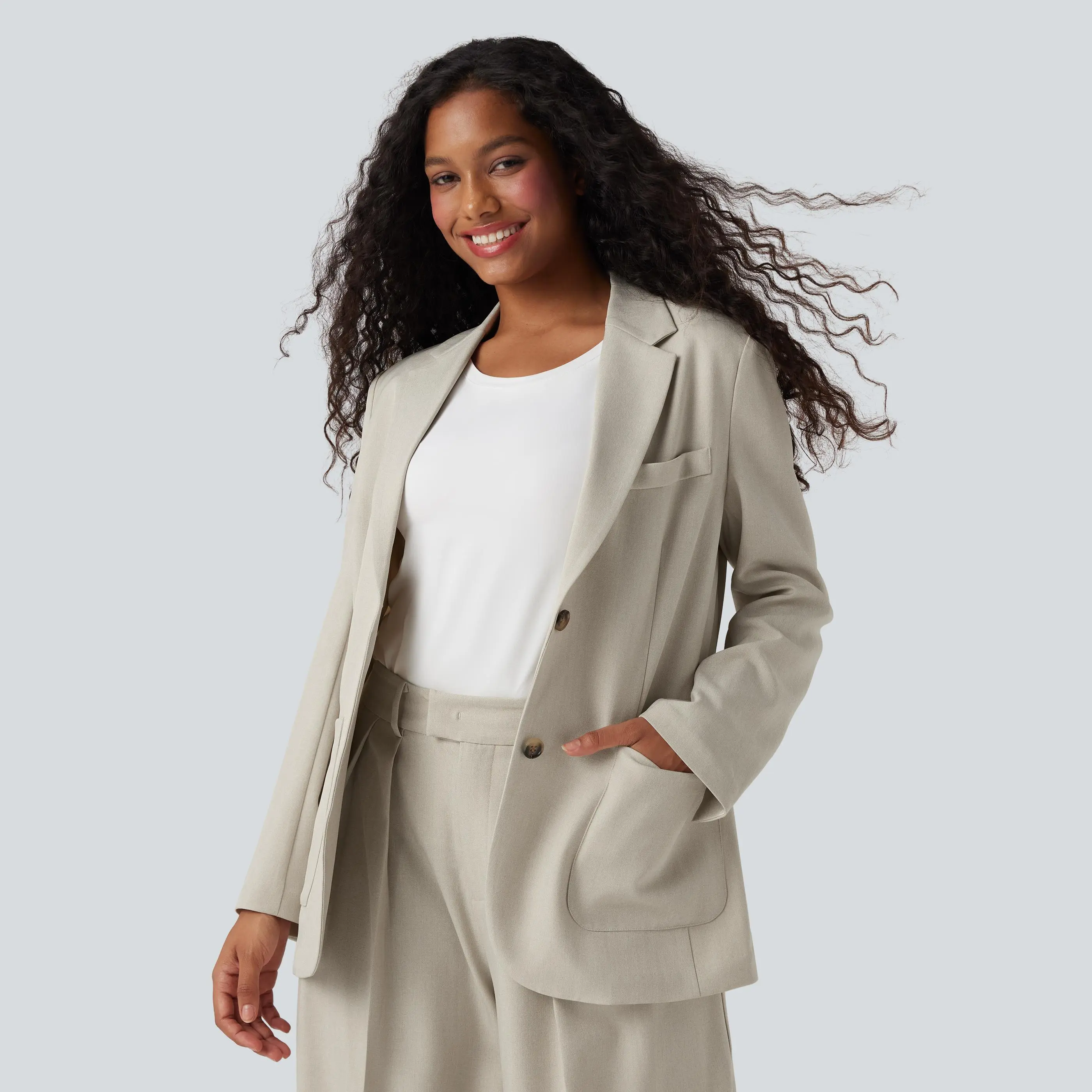 Halara Notched Collar Long Sleeve Work Linen-Feel Blazer with Pockets