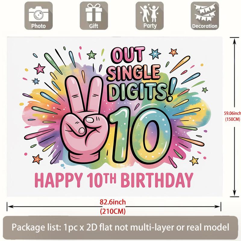 2D Flat, 2D Flat Banner, 1pc, Happy 10th Birthday Card Background Decoration Background Photo Props, Banner Decor, Home Decor, Room Decor, Wall Decor, Party Background Decor, Party Decor/supplies/gifts Decorativ