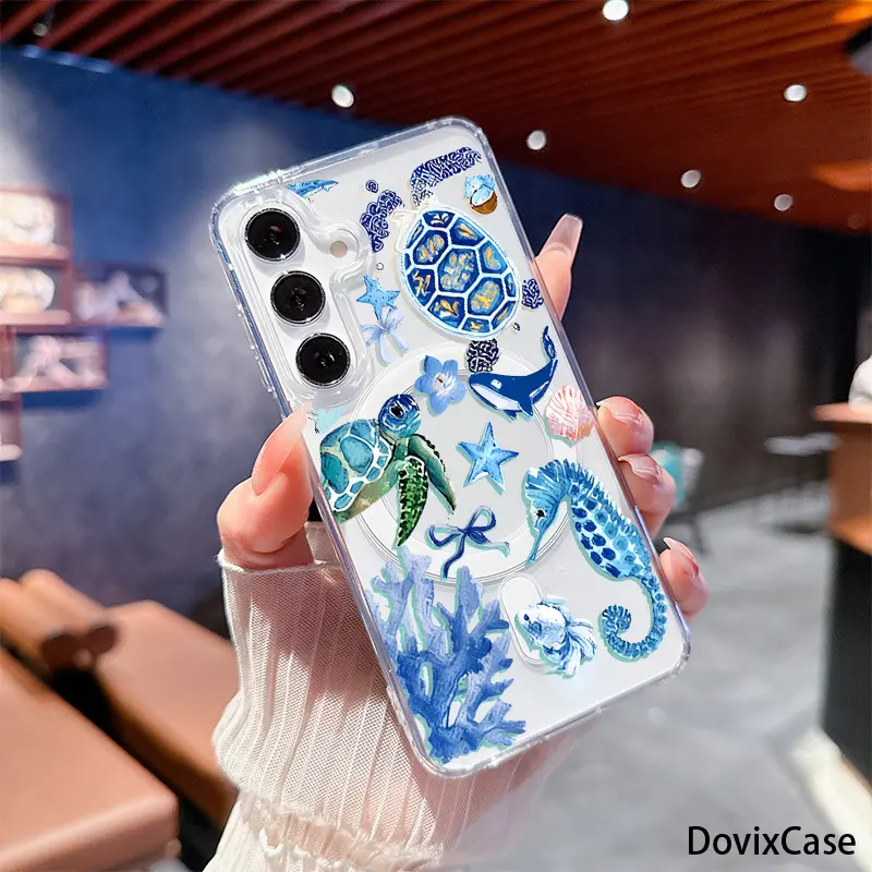 Blue Ocean Sea Turtles Whales Seahorse Coral Stars HD Clear Shockproof Transparent Acrylic Magnetic Printed Phone Case for Samsung Galaxy S26 S25 S24 S23 S22 S21 S20 Fe Plus Ultra Edge S10E A57 A56 A55 A54 A37 A36 A35 A34 A26 A25 A24 A23 A17 A16 A15 A14