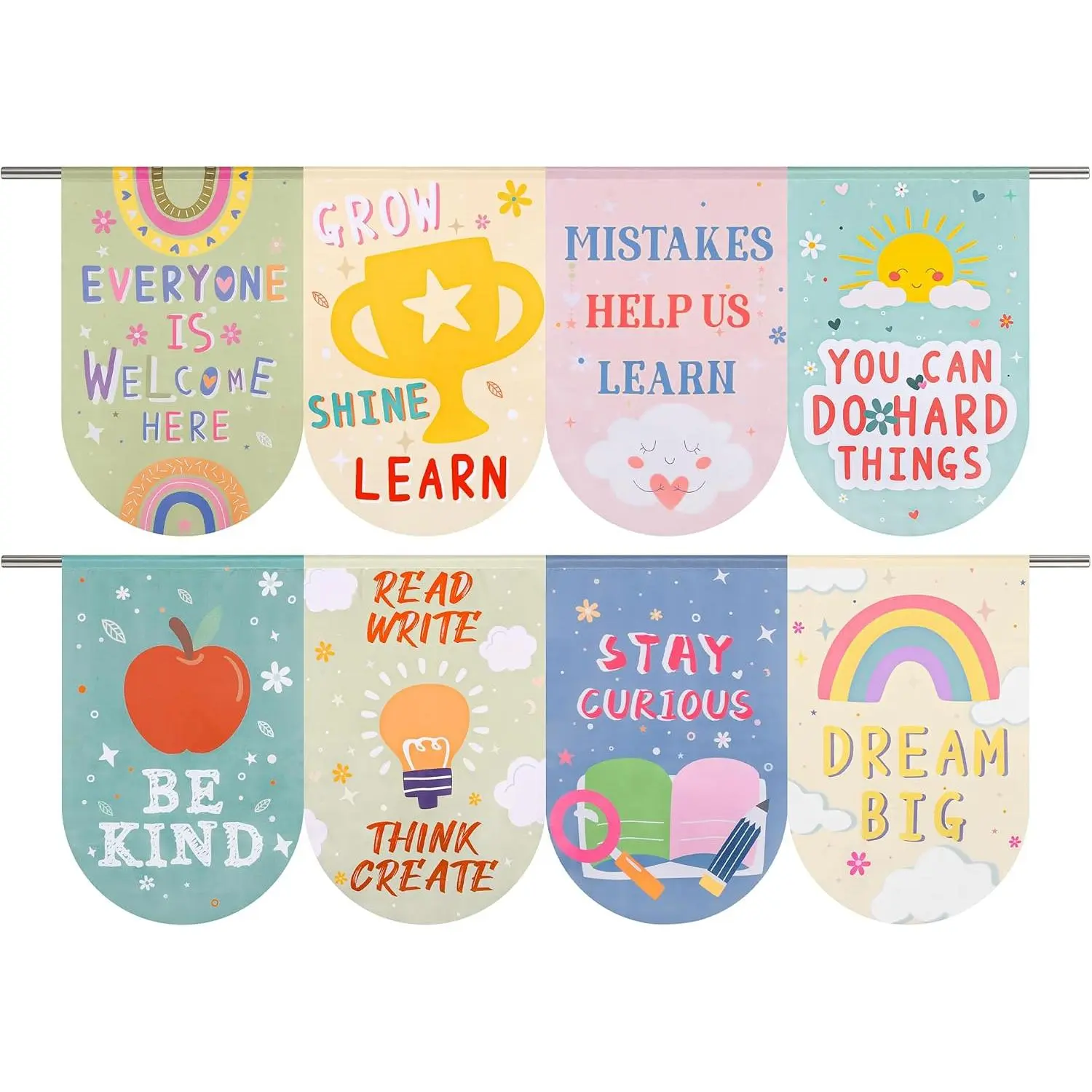 8 Pack School Classroom Curtains 36" x 24" Boho  to School Colorful Curtains Motivational Door Window Covers for   Primary Classroom Bedroom Playroom Décor