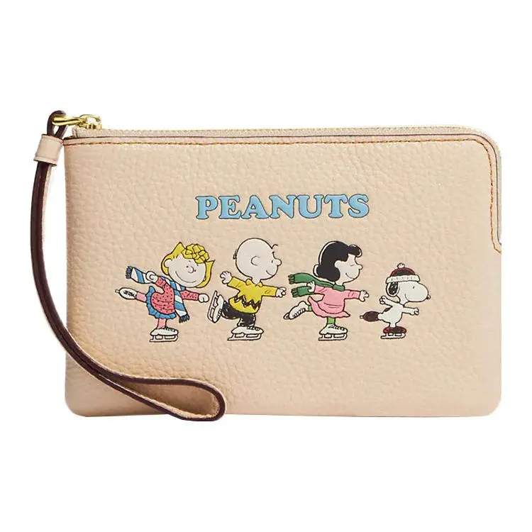 COACH x Peanuts Snoopy Wristlet Handbag for Women – Cartoon Print Pebbled Leather in Ivory White