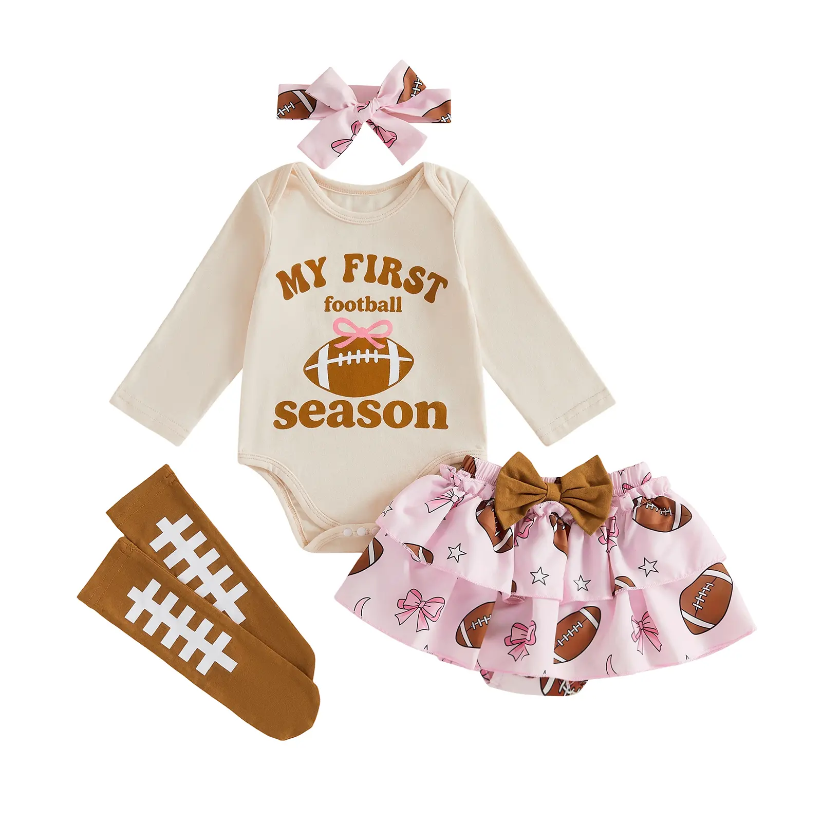 Infant Baby Girl Outfit Fall Long Sleeve Football Print Romper with Ruffle Skort Headband Stockings 4Pcs Set 0-18 Months