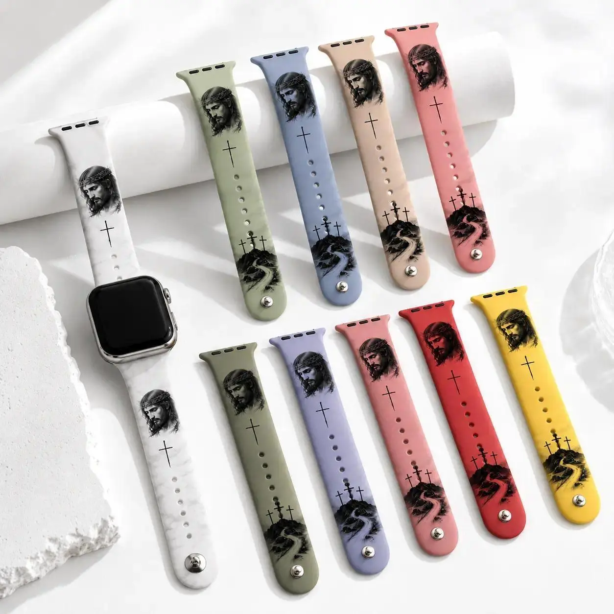 Christian Jesus Cross Matthew 28:20 Scripture Print Silicone Watch Band, Religious Faith Unisex Adjustable Strap, Daily Believer Wrist Accessory Gift Wearable Ivory
