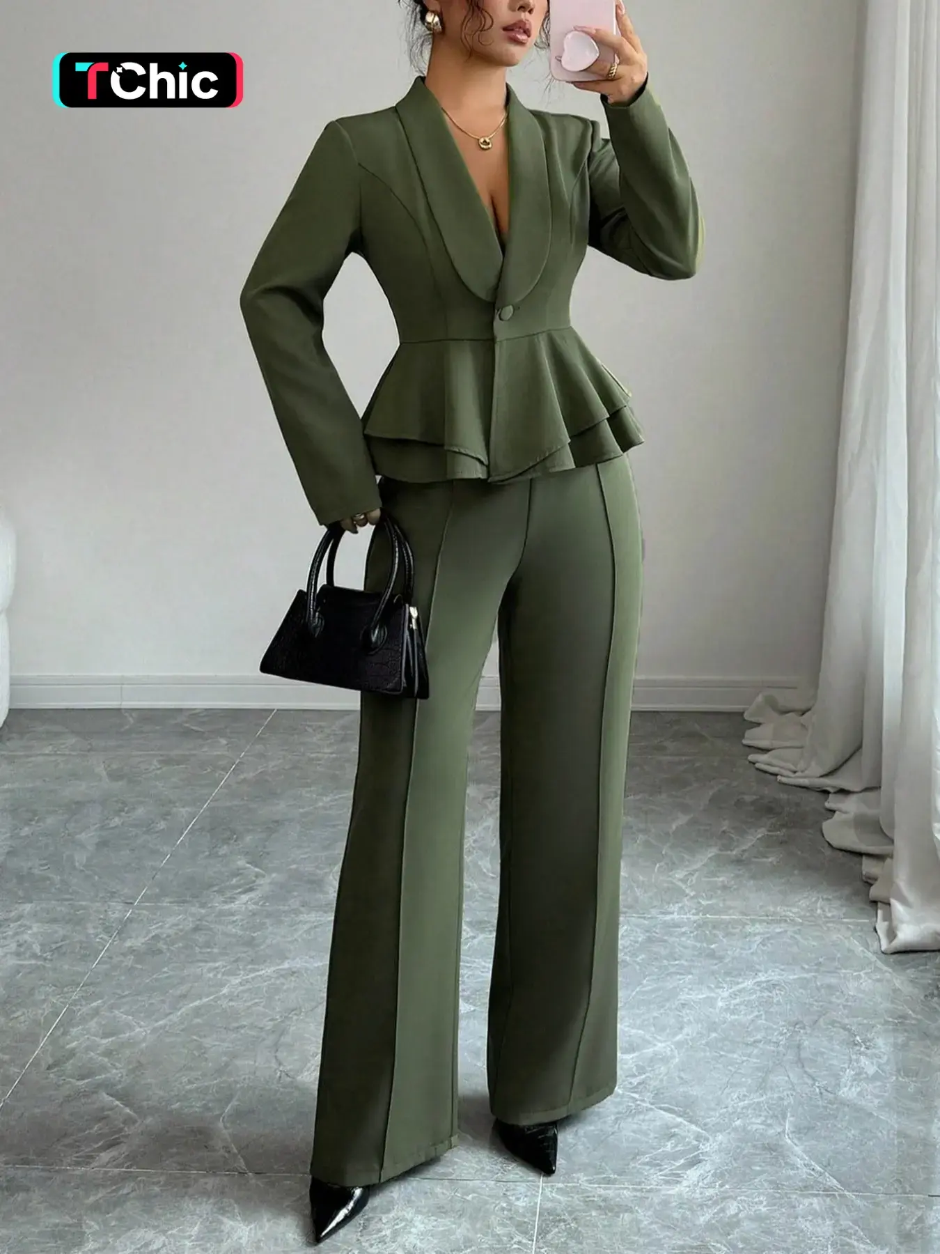 French Elegance Ruffle Blazer Two-Piece Suit Set, Slim Fit Fitted Blazer Jacket + Wide Leg Pants, Spring Formal Office Commute Ensemble Workwear, Women's Fashion, Elegant Ruffled Style