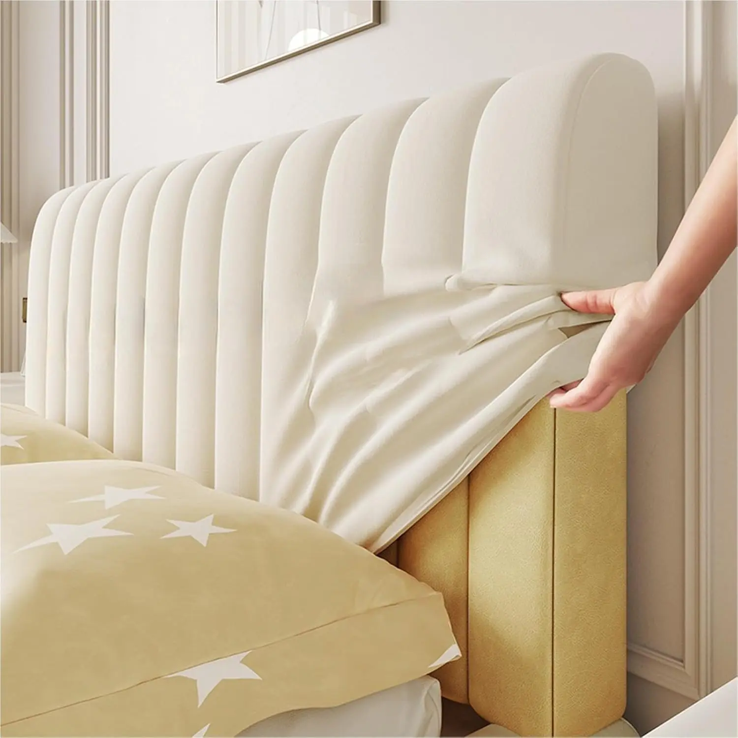 Velvet Fabric Headboard Cover - Classic Full/Queen/King Sizes, Quilted Thick Dust-Proof Padding Protector for Bedroom Decor & Home Interior (White, 120cm/47in), Dust Proofing