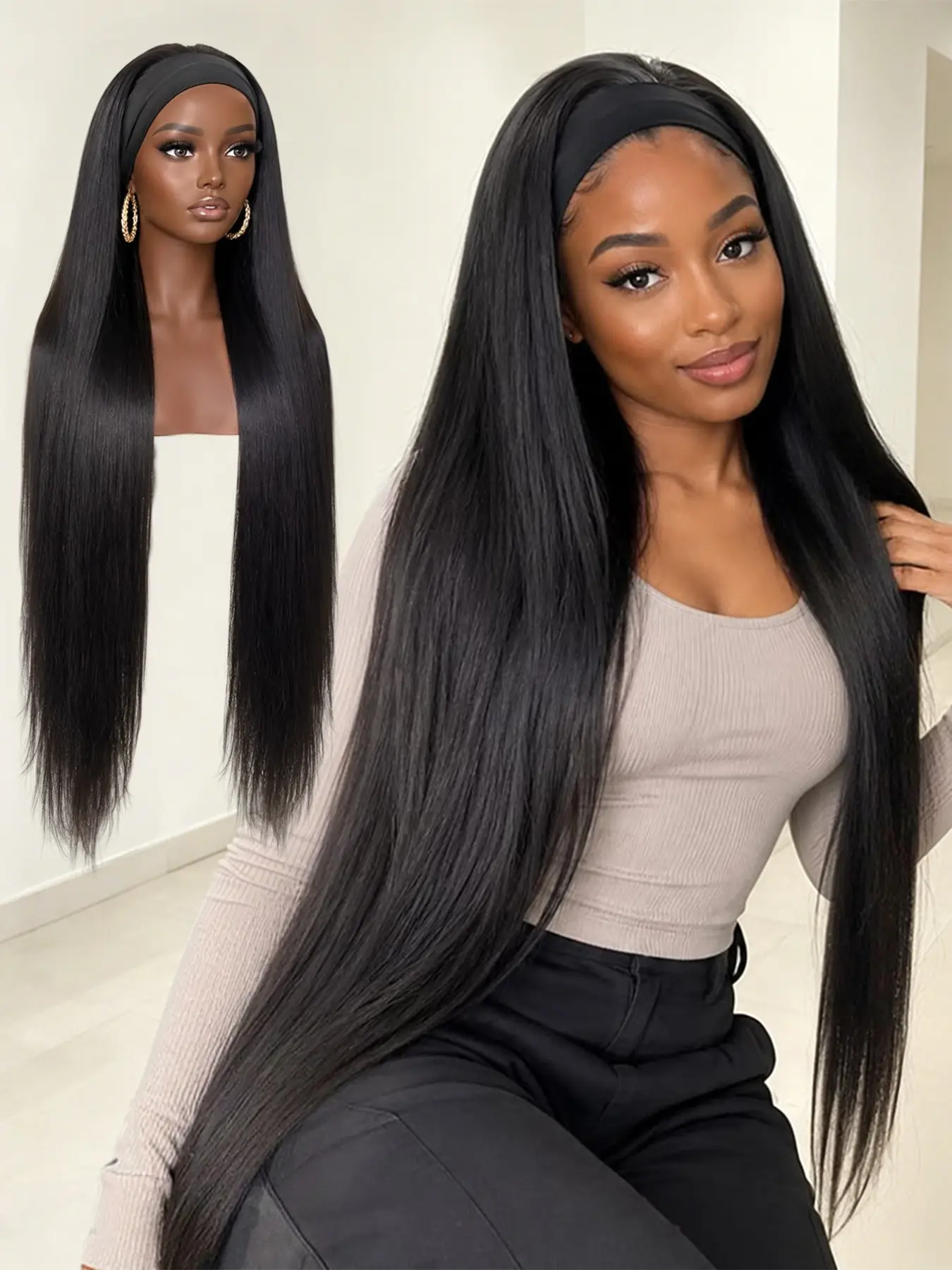 Long Straight Headband Wigs for Women, 30 Inch, Glueless Synthetic Hair, Daily Party Use, All Seasons, No Glue Wig