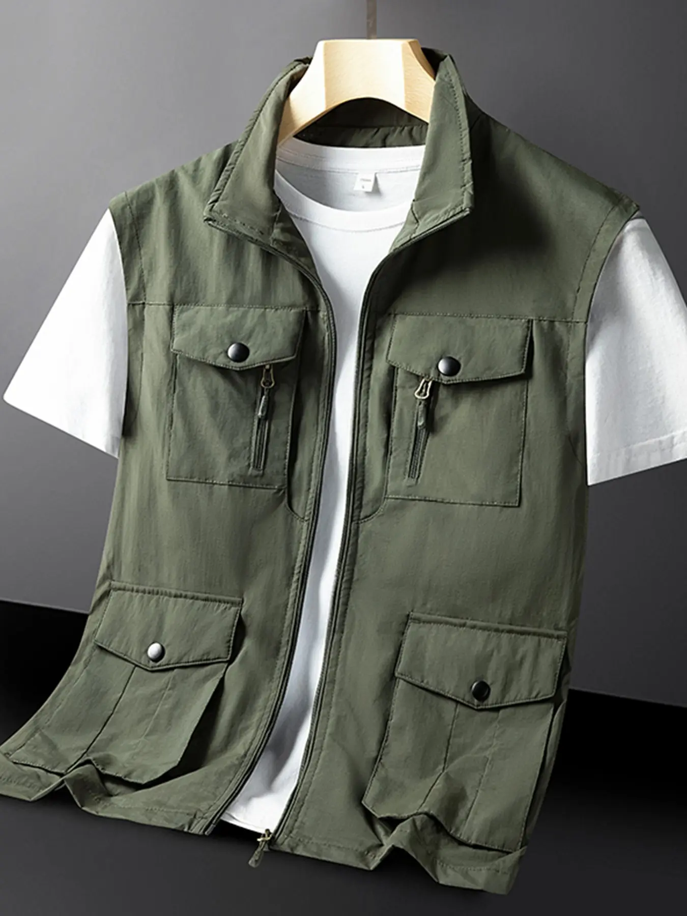 Men's Work Vest with Multiple Pockets, Quick-Dry Fishing Vest, Casual Sleeveless Outer Vest, Outdoor Medium-Length Vest