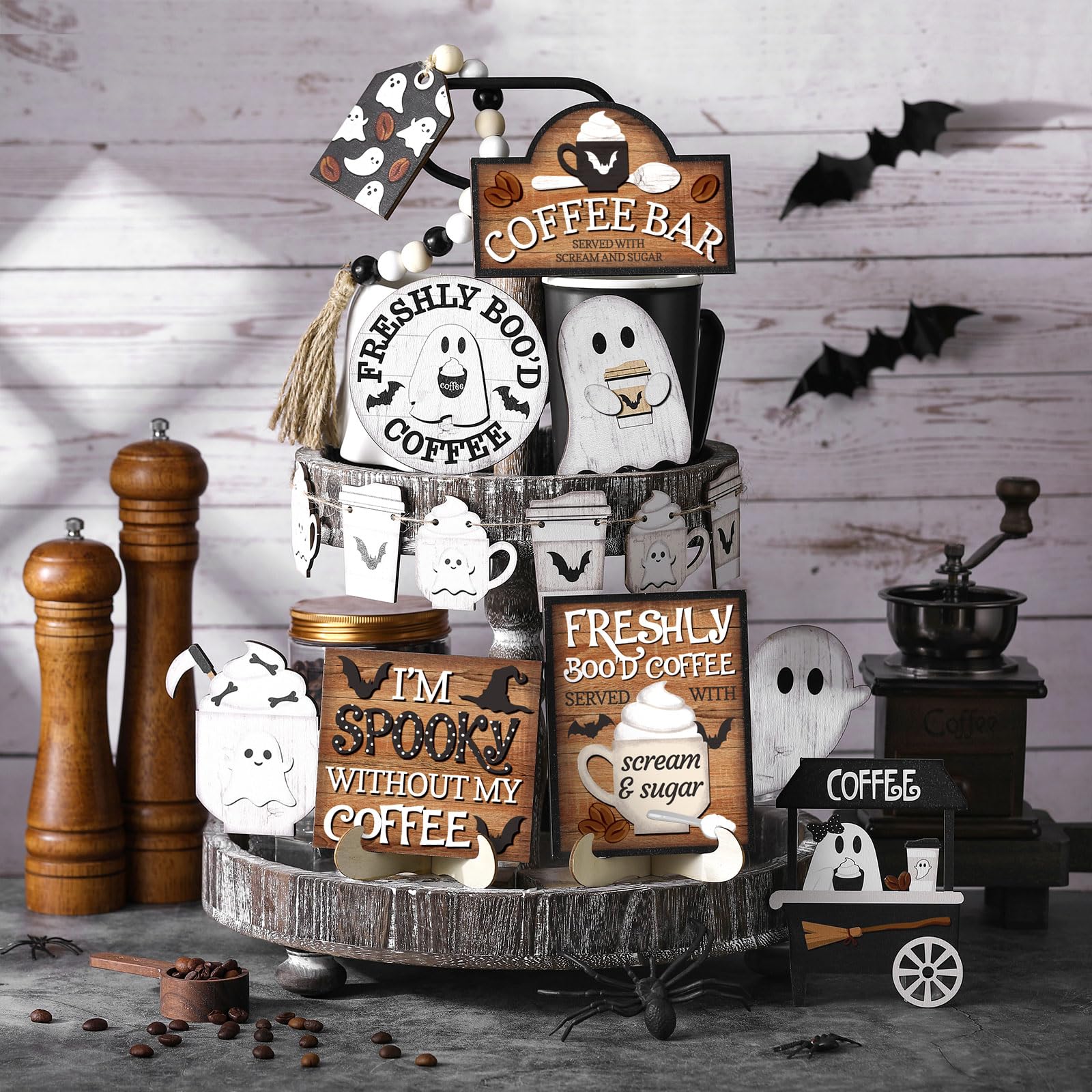 Halloween Layered Tray Decor Set, Wooden Ghost Signs & Beaded Garland, Farmhouse Rustic Home Table Party Supplies, Home Decor Gift