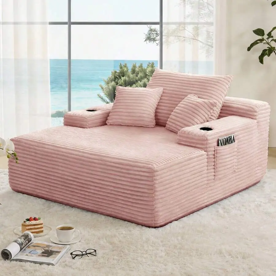 ,sectional,plush,65" Oversized Chaise Lounge Sofa Chair Indoor, Modern Corduroy Single Sleeper Couch Chair With 3 Soft Pillows&Cup Holder, Boneless Cloud Couch Single Seat Sofa Bed For Living Room Office,boneless upholster couch