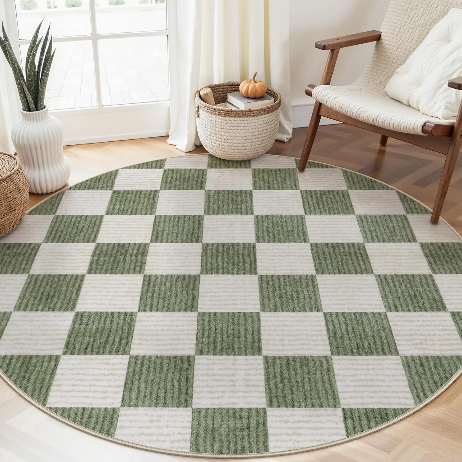 Checkered Round Rug 6 Ft Washable Area Rug for Playroom Classroom, Kids Non-Slip Neutral Classic Circle Rug Geometric Large Carpet Soft Boys Nursery Rug for Dorm Bedroom(Sage Green,180R)