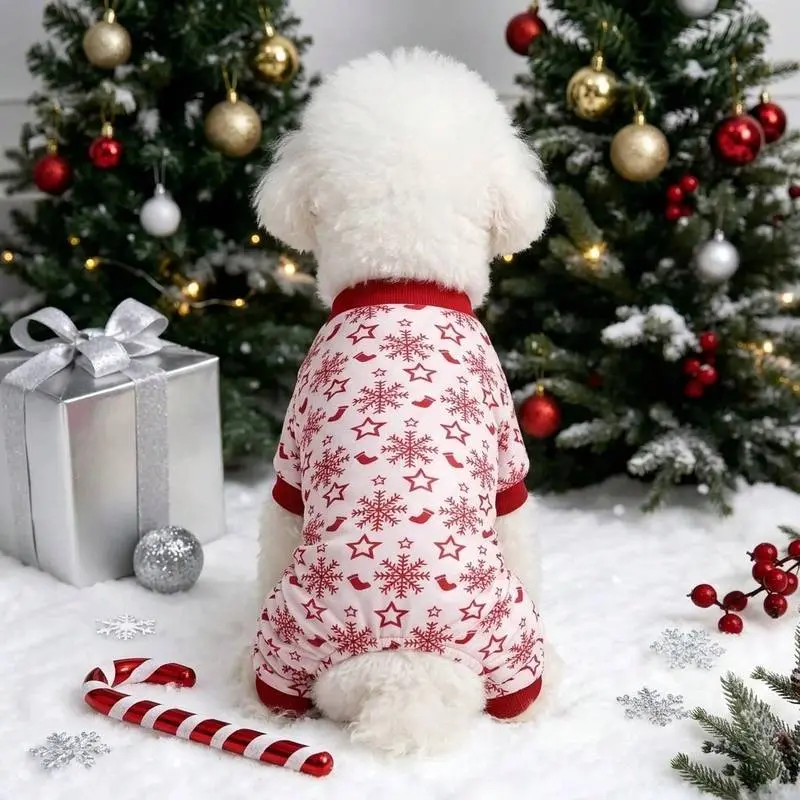 Christmas Dog Pajamas Onesie Pet Clothes, Red Star Snowflake Stocking Print Cat Apparel Outfit Clothes, White 4 Legs Jumpsuit PJs Sleepwear Rompers Shirt, Winter Warm Xmas Holiday New Year Party Cosplay Costume Cute For Small Medium Large Dogs Cats Puppy