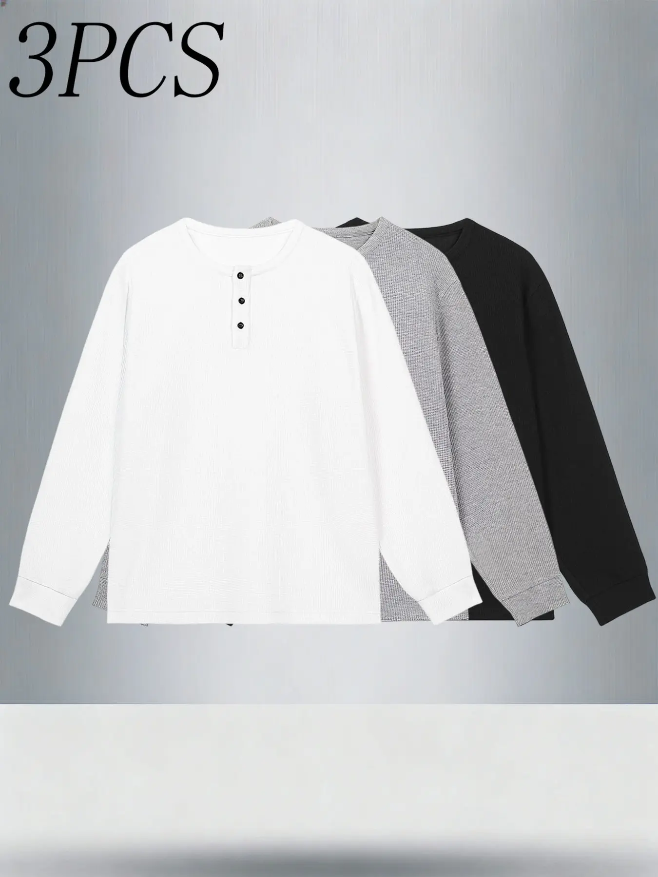3-Pack Men's Waffle Knit Loose Relaxed Fit Henley Long Sleeve Shirts, 3-Button Boat Neck, Warm Casual Layering Tops, Spring Fall Menswear