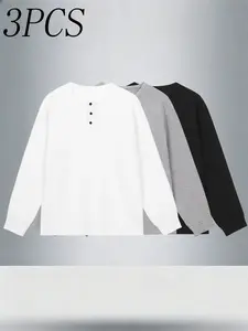 3-Pack Men's Waffle Knit Henley Long Sleeve Shirts, 3-Button Boat Neck, Warm Casual Layering Tops, Spring Fall