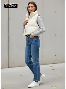 Women's Casual Loose-Fitting Short Cotton Vest Jacket, Stand Collar Sleeveless Design, Fall & Modest Fashion Outerwear