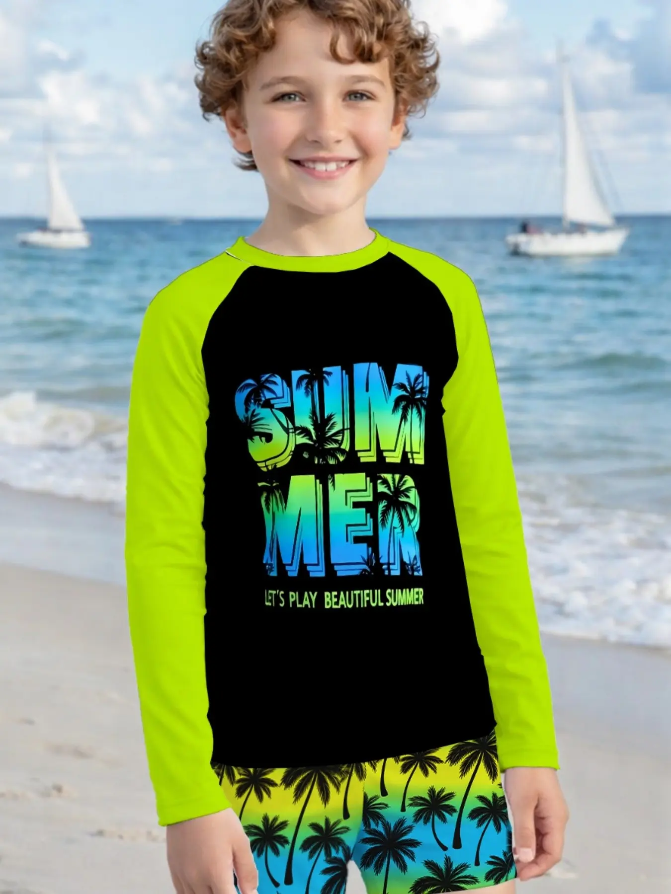Base Summer Gradient Coconut Tree Fluorescent Sleeveless Boys' Swimwear Set, Childrens Swimwear, Quick-Dry Beach for Pool and Water Parks, Quick Drying Swimsuit