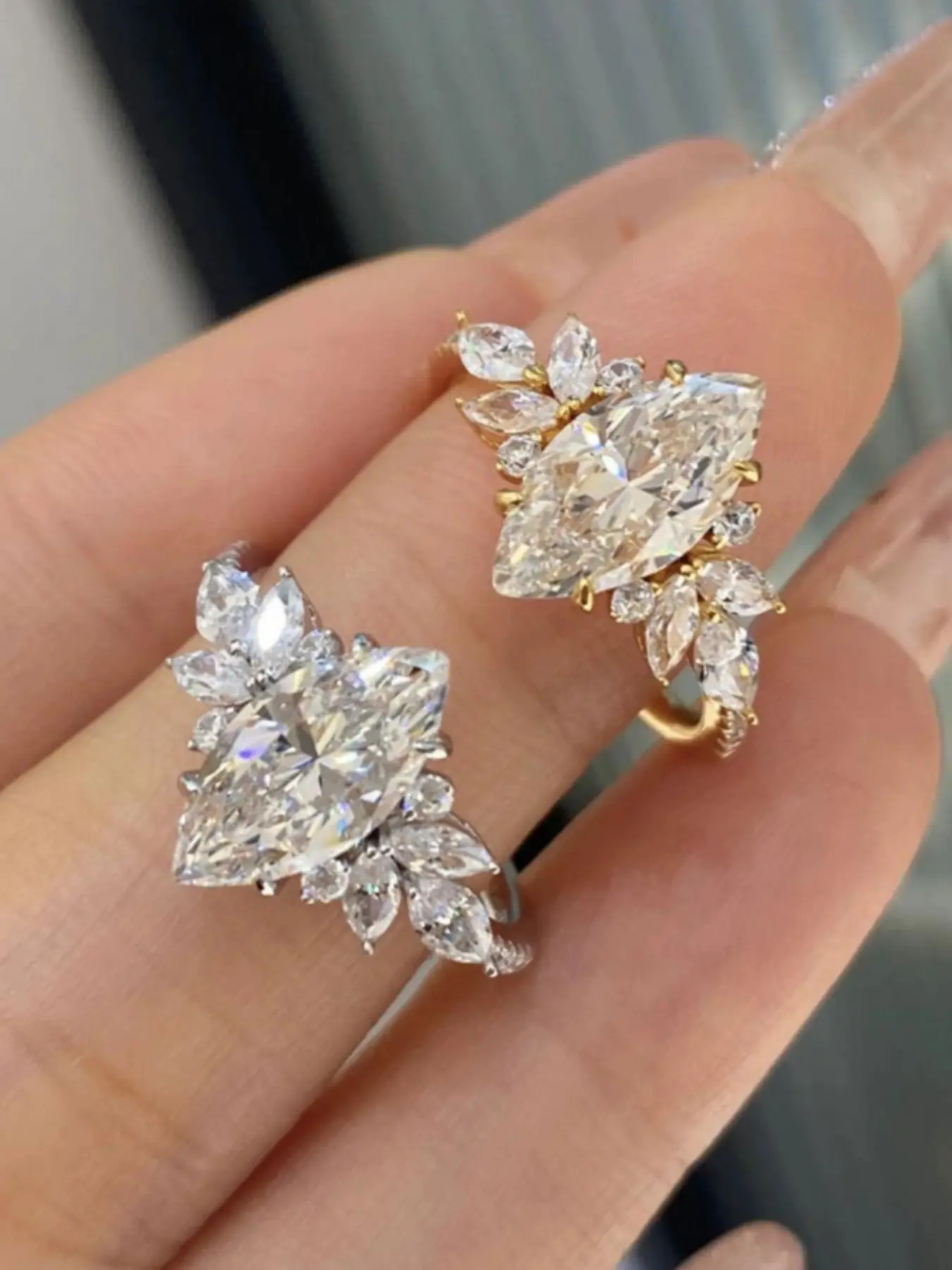 Crystal Ice Flower Luxury Sparkling Full-Diamond Marquise Cut Ring, High-End Versatile Vintage Index Finger Ring, Crystal Rings Jewelry Ring