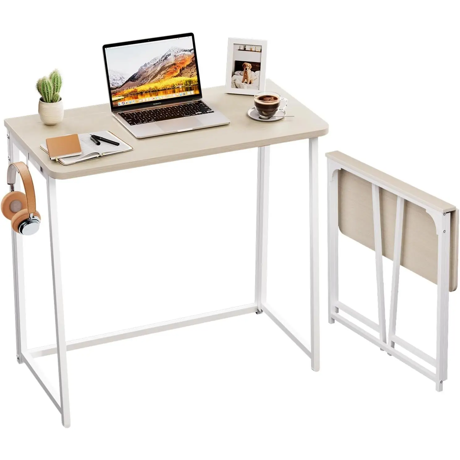Folding Desk, 31.5" Foldable  Table for Small Spaces, Oak | Easy Assembly and Fold, Sturdy  office desks for Study Bedroom Dorm Space Saving Writing Work Apartment