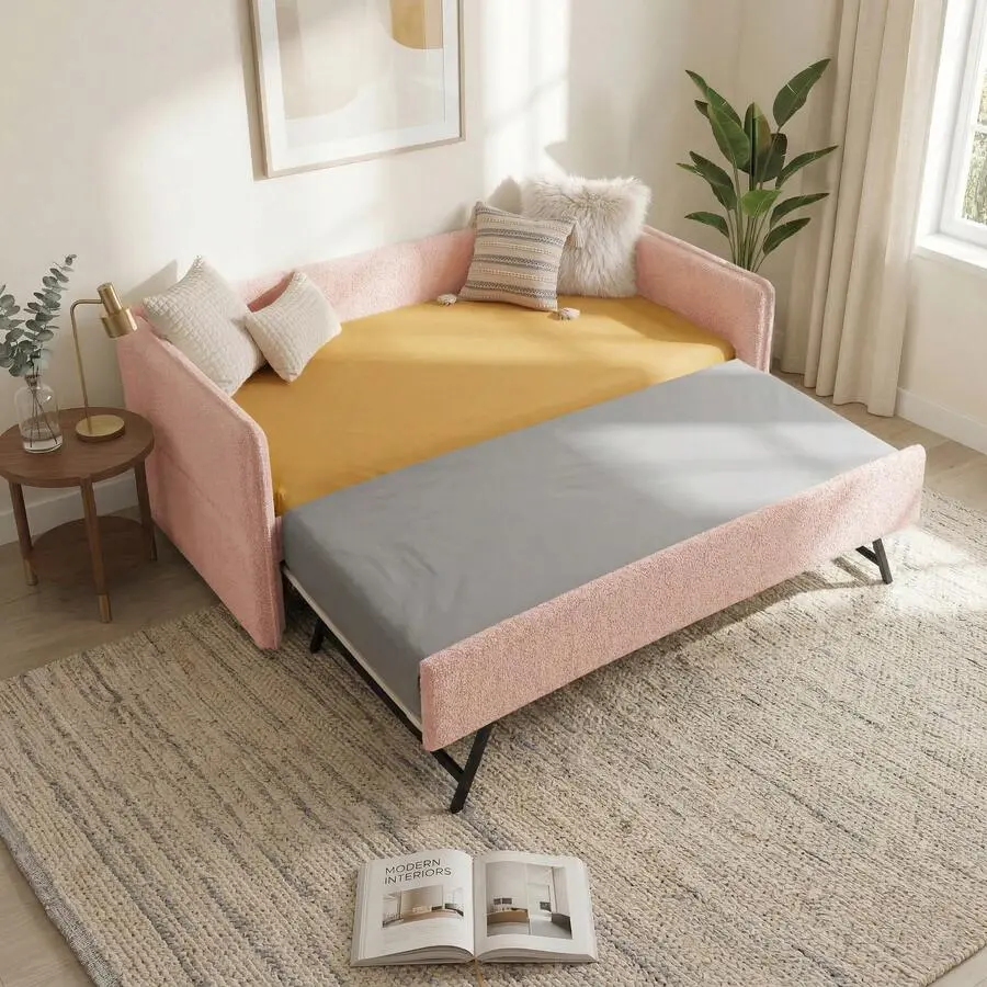 Boucle Tufted Upholstered Daybed with Pop-Up Extendable Trundle, Backrest & Slats, Twin-Full Size Modern Platform Bed Frame with Casters, Assembly Required for Living Room, Bedroom, Installation