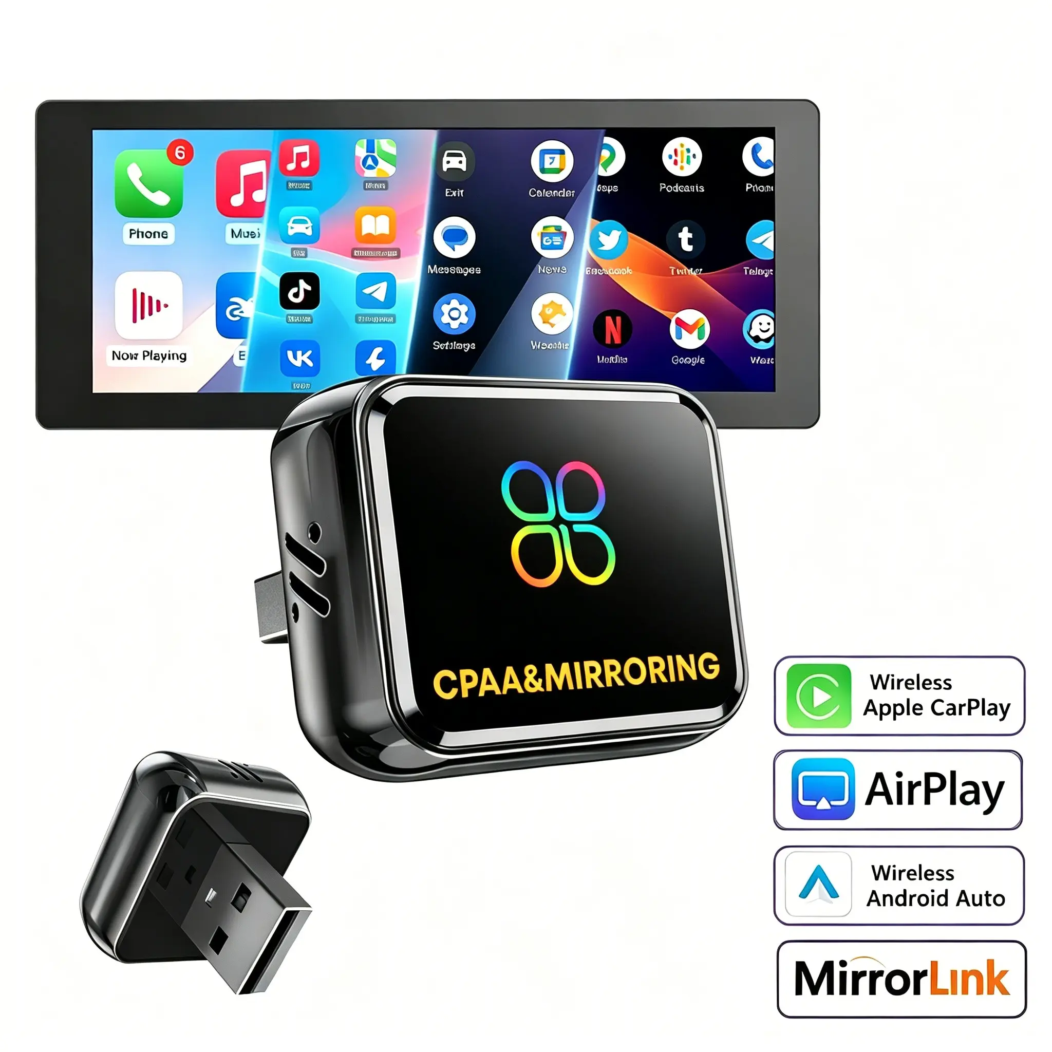 4‑in‑1 Upgraded Wireless CarPlay Android Auto Adapter, AirPlay MirrorLink Screen Mirroring Dongle, Plug and Play for OEM Wired CarPlay Cars for iPhone Android