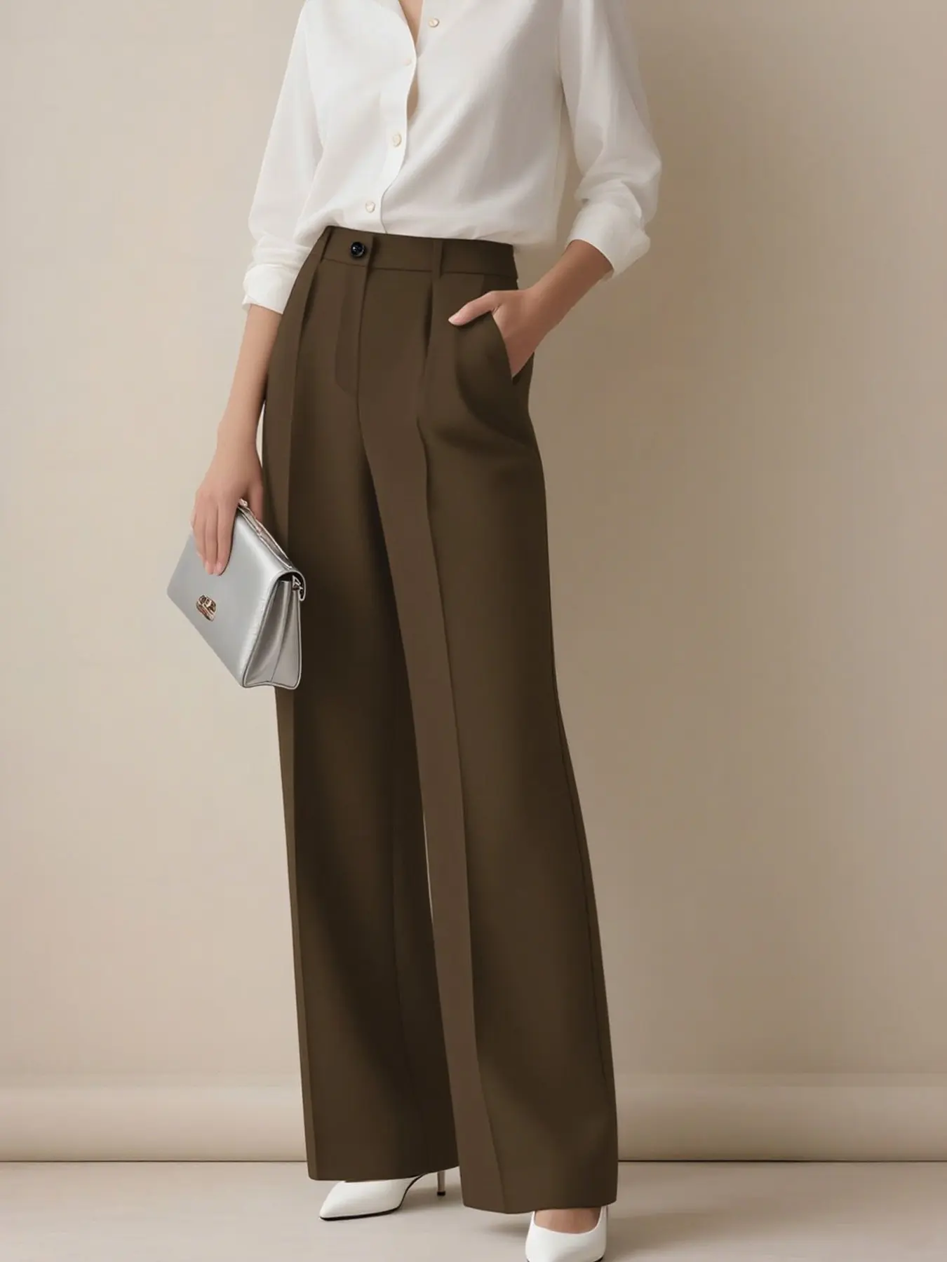 Women's High-Waisted Wide Leg Pants, Solid Color Fitted Trousers, Elegant Chic Office Wear, Casual Straight Leg Jeans, All Seasons