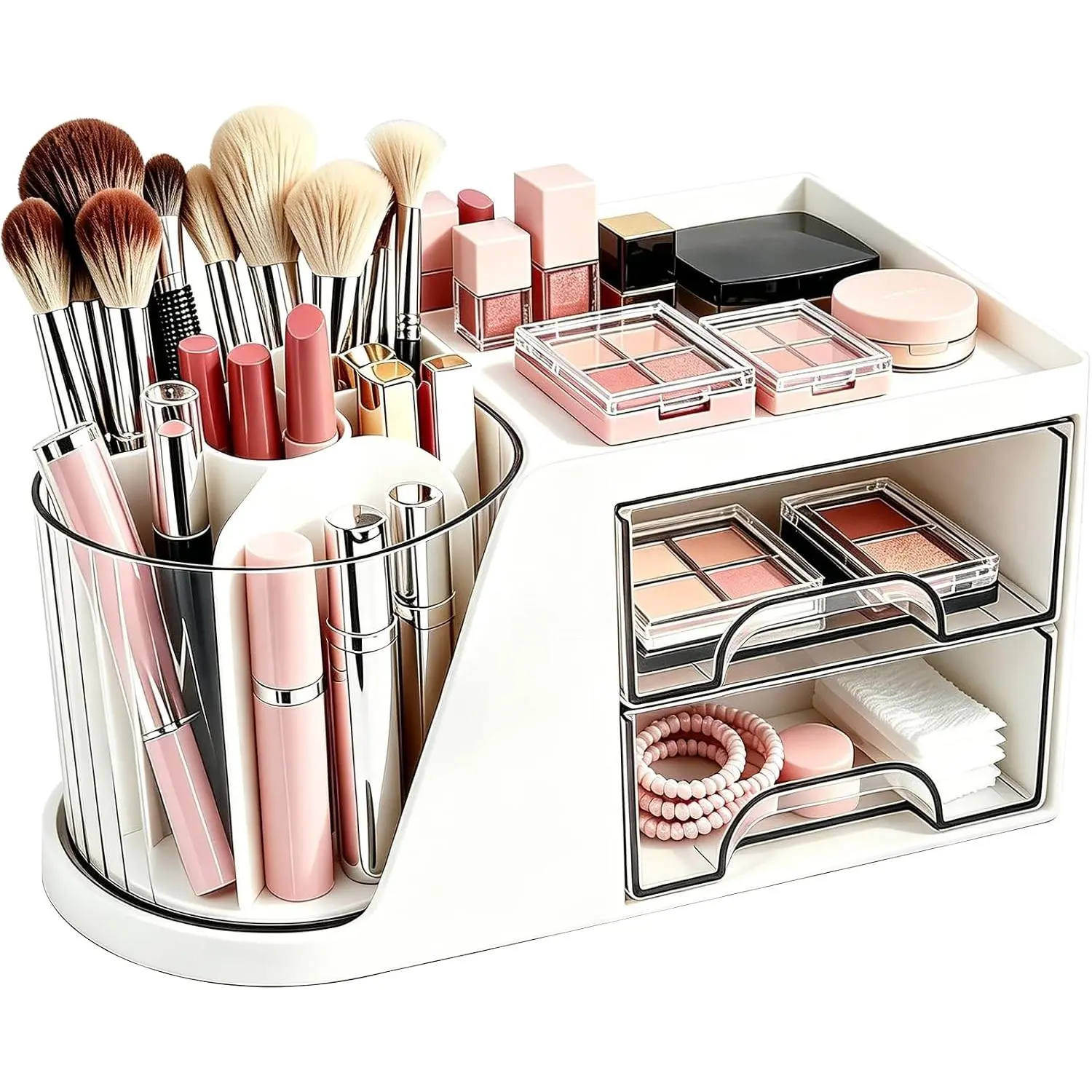 Makeup Organizer with 360°Rotating Brush Holder, Small Plastic  Display Case with 2 Drawers for Make up Brushes Eyeshadow Lipstick  Desktop Bathroom - White