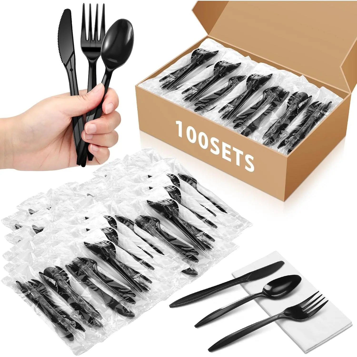 100 Set 400 count Plastic Silverware Sets Individually Wrapped Plastic Utensils Cutlery Bulk Disposable  Fork Spoon Napkin Kit for Lounge Wedding Picnic BBQ Camping Party Accessories (Black)