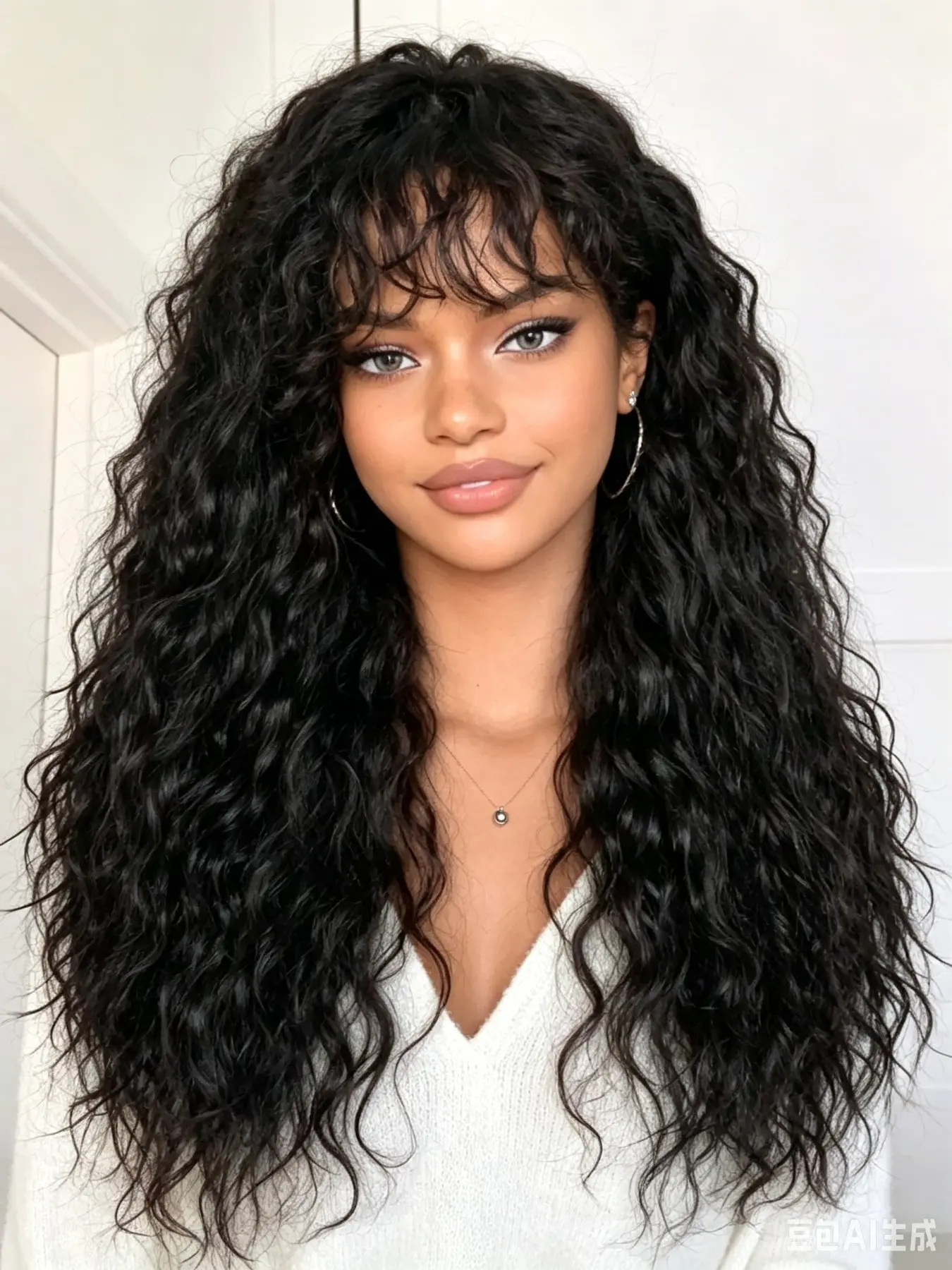 Blend Human Hair Highlight Brown Curly Wig 22 Inch with Bangs | Glueless Synthetic Bang Wigs, Realistic Scalp | Put On and Go, Beginner Friendly, Easy Styling for Women