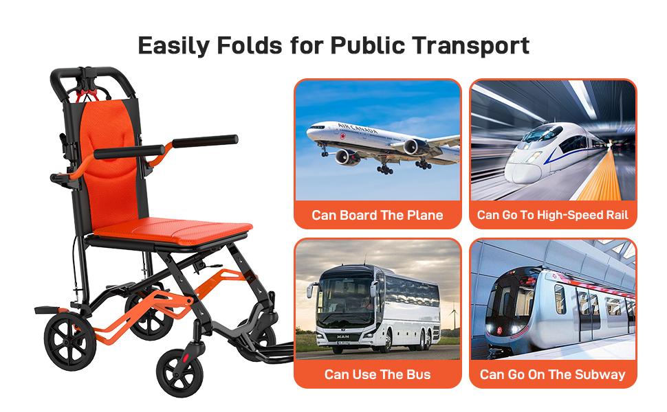 GARVEE Portable Lightweight Folding Transport Chair with Locking Handbrake, Removable Flip Armrests, Aluminum Alloy Frame, Swinging Footrests, Supports 220 lbs for Indoor & Outdoor Use