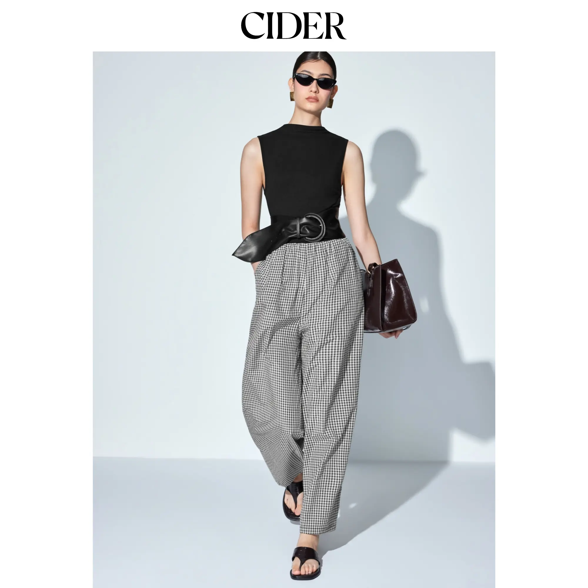 Cider Cotton-blend Gingham High Neck Colorblock Mid Rise Wide Leg Jumpsuit With Belt