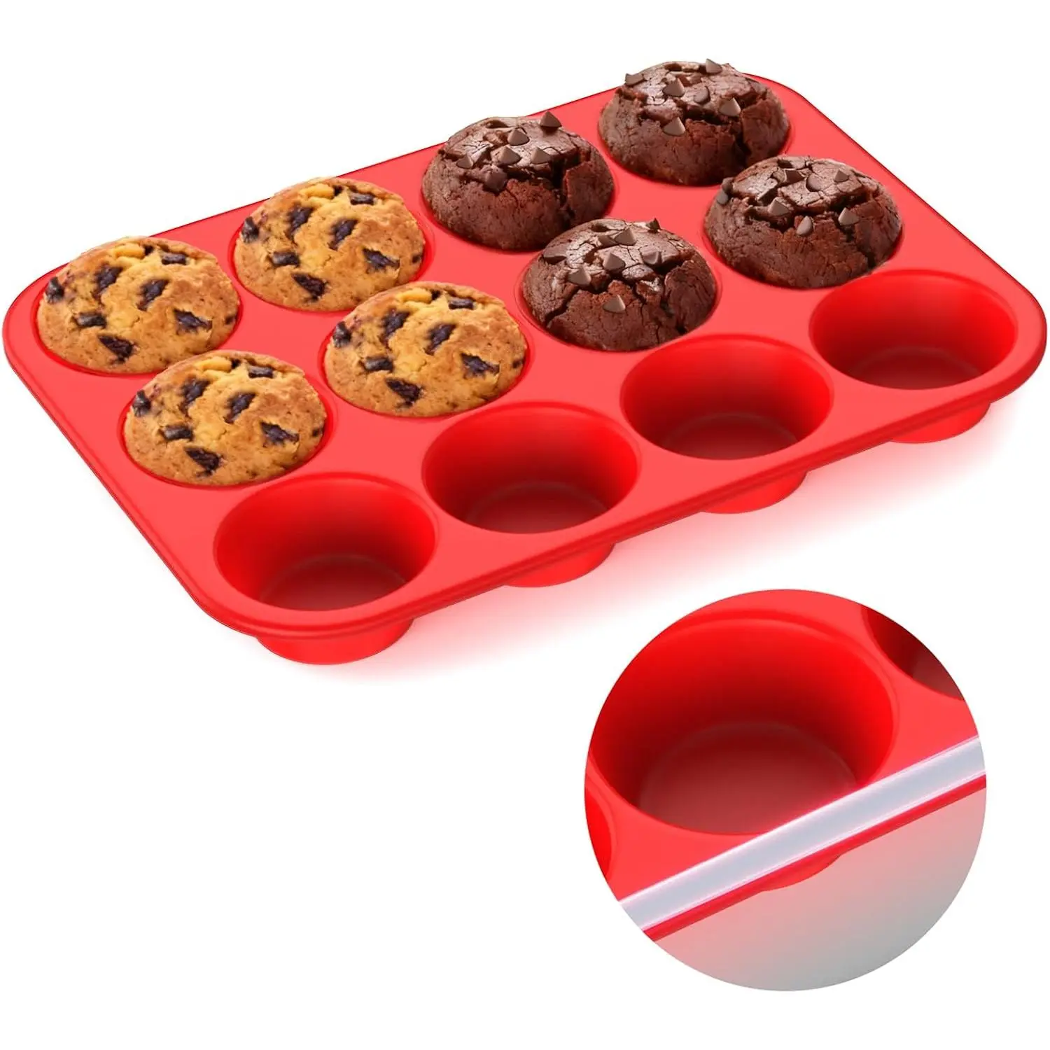 Silicone Muffin Pan for Baking: 12 Cup Muffin Pan with Metal Reinforced Frame, Regular Size Cupcake Egg Bites Molds for Baking, BPA Free Silicone Muffin Tray, Dishwasher Safe (1 Pack, Red)