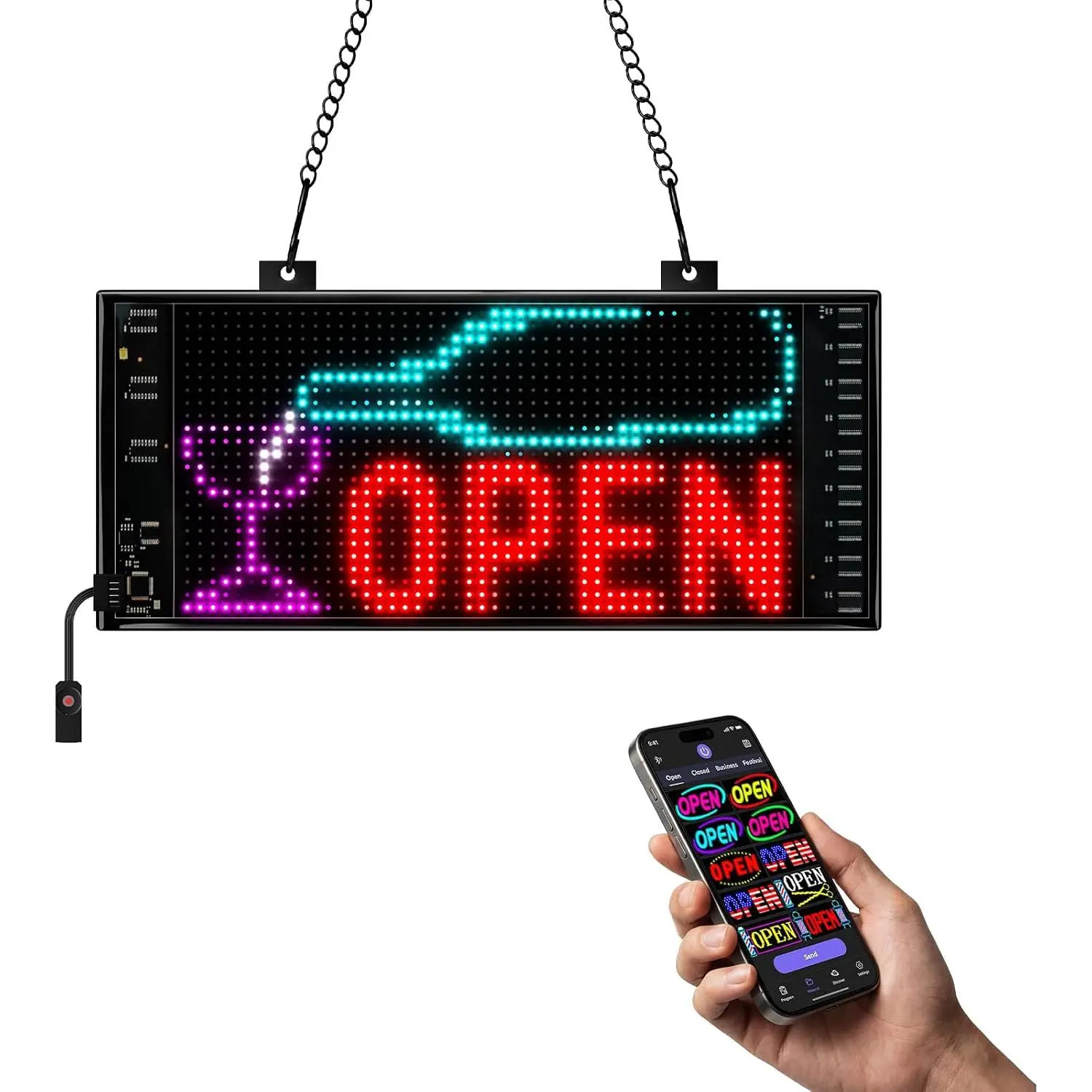 Synthetic Programmable LED Open Sign for Car Interior Decoration, APP Control, Multiple Dynamic & Static Effects, for Business Window Glass Cafes