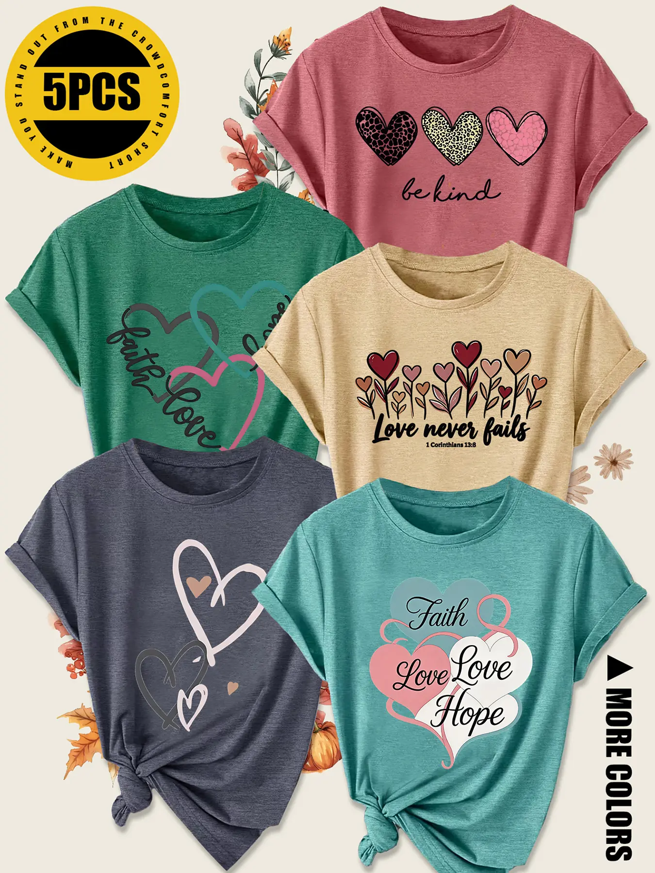 5Pcs Plus Size Women Crew Neck T-Shirt, Romantic Multi-layer Leopard Heart Vibe Print, Multi-color Washable Spring Summer Top, Soft Skin-friendly Fabric Daily Versatile Casual Fashion Design
