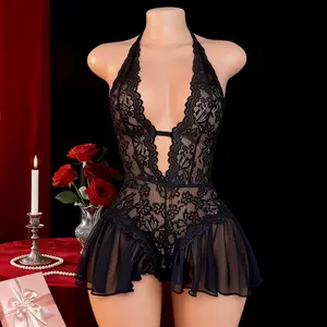 Women’s Plus Size Lace Deep V Neck Bodysuit, Sexy Elegant Sheer One-Piece Lingerie Teddy, Y2K European & American Style Stretch Open-Back Romper, Romantic Slim Fit Sleepwear & Nightwear Outfit, Soft Comfortable Lightweight Intimates for Date Night, Bedroo