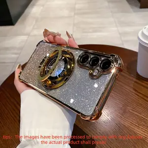 Glitter Stand with Four Corner Air Cushion Magnetic Holder And a Clear Electroplated Anti-Drop Shockproof Protective Case Cover for Various Samsung Galaxy Models Including A56, A55, A54, A53, A36, A35, A34, A26, A25, A16, And A15 Accessories
