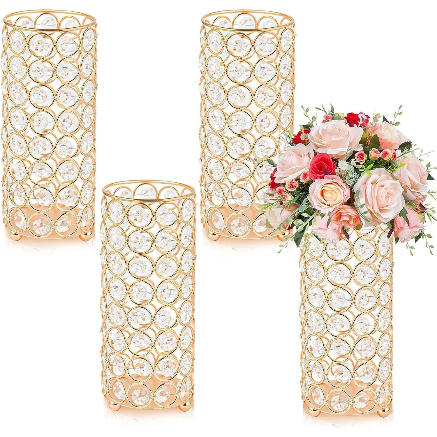 Set of 4 Gold Crystal Column Vases, 20" Tall Trumpet Vases for Centerpieces, Metal Flower Stand & Hurricane Candle Holder for Wedding, Reception, Party Decor