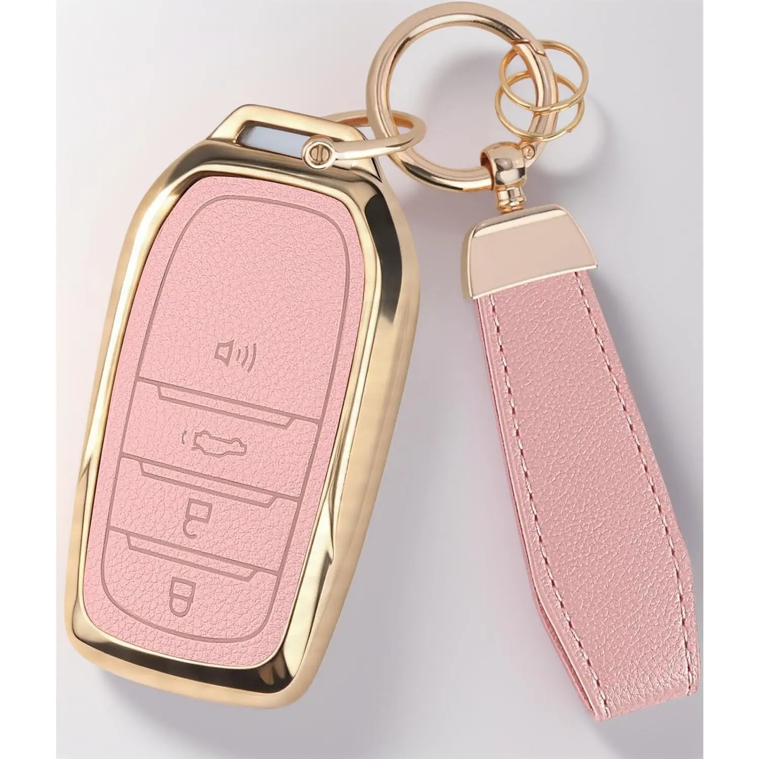 Toyota Leather & Soft TPU Key Fob Cover with Keychain for Toyota 4Runner, Camry, Crown, Corolla Cross, Grand Highlander, Land Cruiser, Rav4, Sequoia, Tacoma, Tundra, Venza (Pink)