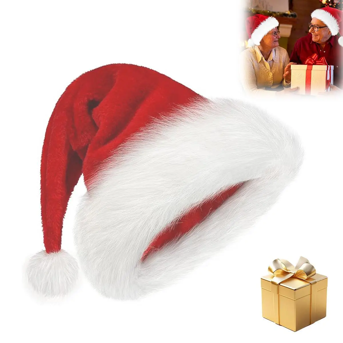 Velvet Santa Christmas Hat - Unisex, Extra Thick Fur, Comfortable Festive Party Hat for Adults & Children, Festive & Party Supplies Accessories for New Year Celebrations, Holiday