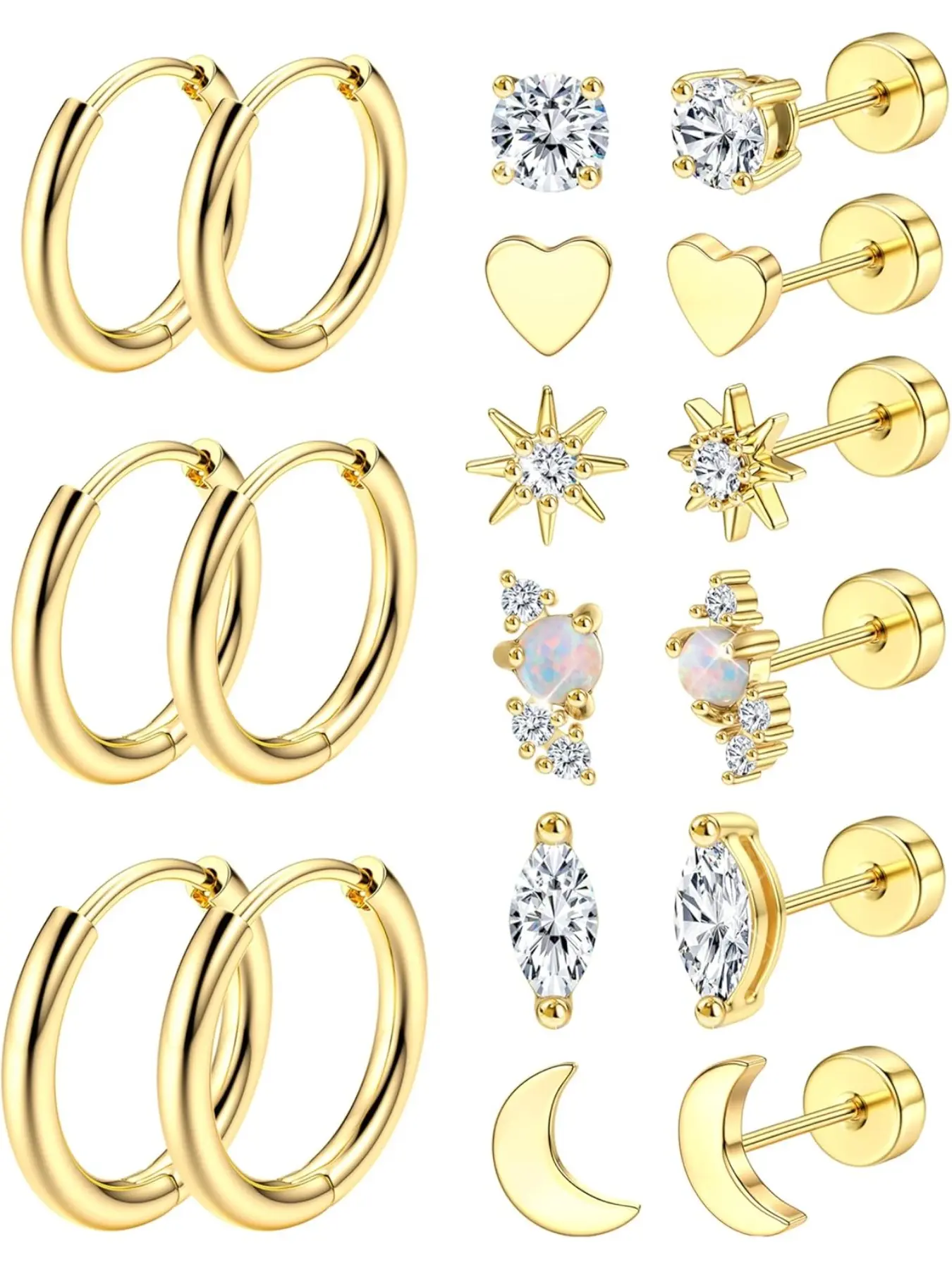 Hypoallergenic Flat Back Stud Earrings for Women, 14k Surgical Stainless Steel, Trendy Cartilage Earring Sets, Small Flatback Studs